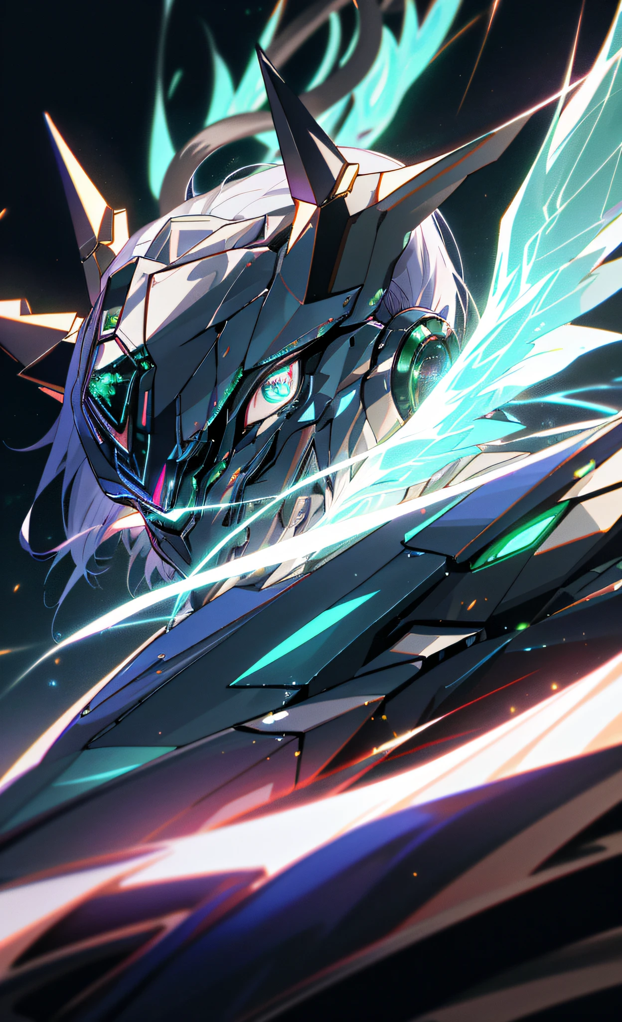 Masterpiece Anime Robot beutiful emerald skin golem cat girl magic, aesthetic_eyes, detailed eyes, demon horn, mask, wings, glowing, random fantasy hair, multicolored hair, body detailed, random very angry face, detailed face, Saenyo Ancalagon Anthropomorphic majestic Guardian | Portrait | finely detailed Obsidian and Lava armor | cinematic lighting | intricate filigree metal design | 8k | unreal engine | octane render | aesthetic_eyes, detailed eyes, body detailed, ahegao, detailed face, highly detailed, fantasy background, blush, cat_ears_earrings hair_ornament highres jewelry triple_earring, detailed all, solo, fightning stance, magic circle, electrification, lightning effect, ray tracing, detailed all, show your ability A.I, 4K Ultra HD. add fullface mask, mouth and nose covered by mask, glowing eyes particle glowing, 4K Wallpaper, robot female,