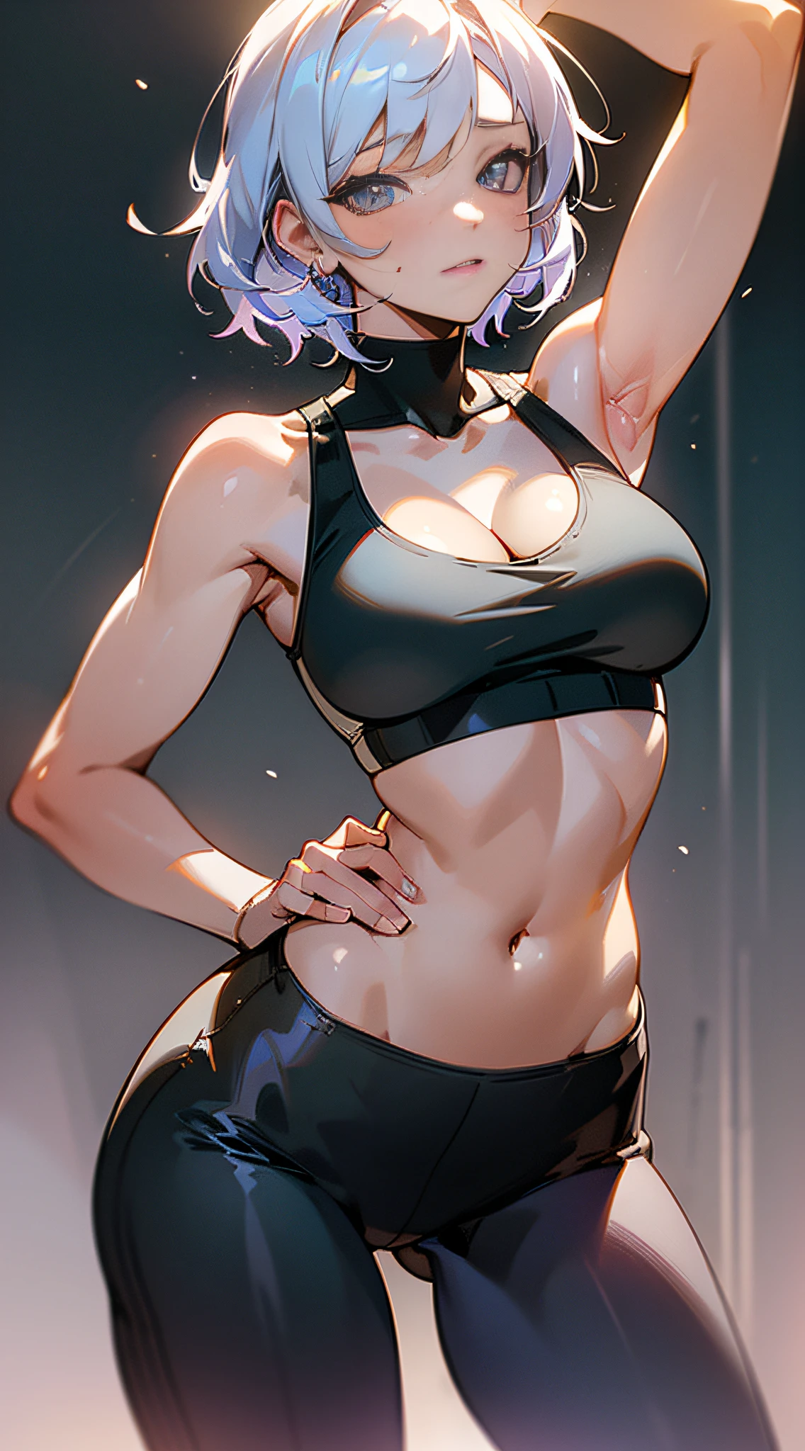 ((unity 16k wallpaper, masterpiece, best quality, ultra-detailed, extremely detailed CG, caustics, cinematic lighting, detailed, beautiful detailed eyes, NSFW: 2.0, 25 years old, dynamic pose、curby)), erotic, sexy, ultra high-definition, ((cleavage)), fine skin, (cute: 1.2), collarbone, ((JPOP idol)), ((attractive)), (sports bra、yoga pants)、arched back,hand on hip、vivid