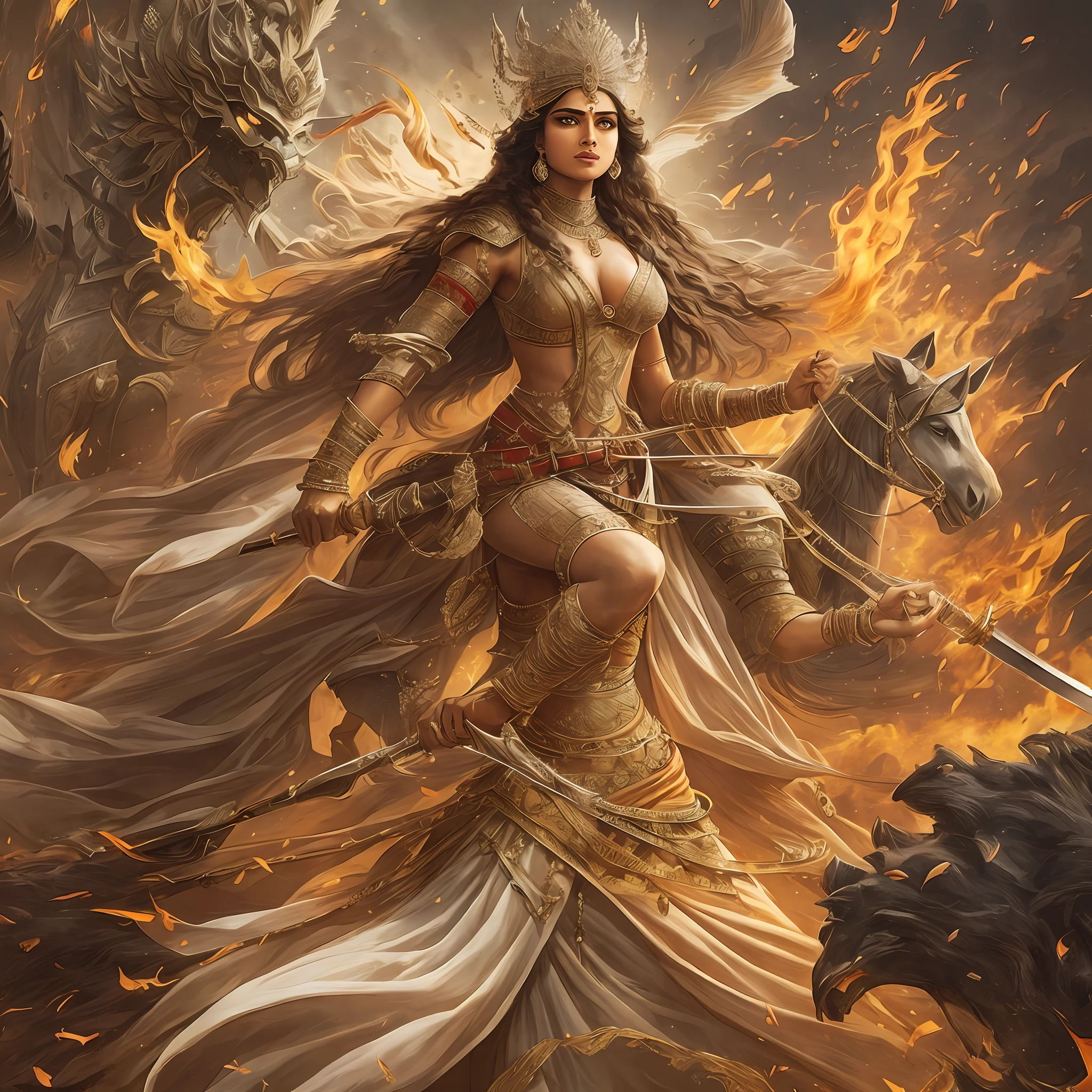 Jhansi's valiant queen ( an Indian brave queen with sword ) stands as a beacon of courage amidst a raging battlefield. Surrounded by a swarm of enemies, she fearlessly brandishes her weapon, showcasing her indomitable spirit and determination to protect her kingdom. The backdrop depicts a war-torn landscape with billowing smoke, emphasizing the chaos and peril of the situation. Amidst the chaos, the queen's unwavering resolve radiates, inspiring her allies and striking fear into the hearts of her foes. Explore the extraordinary tale of Jhansi's queen as she confronts the relentless onslaught of adversaries, showcasing her prowess, strategic brilliance, and unwavering dedication to her people. --auto --s2