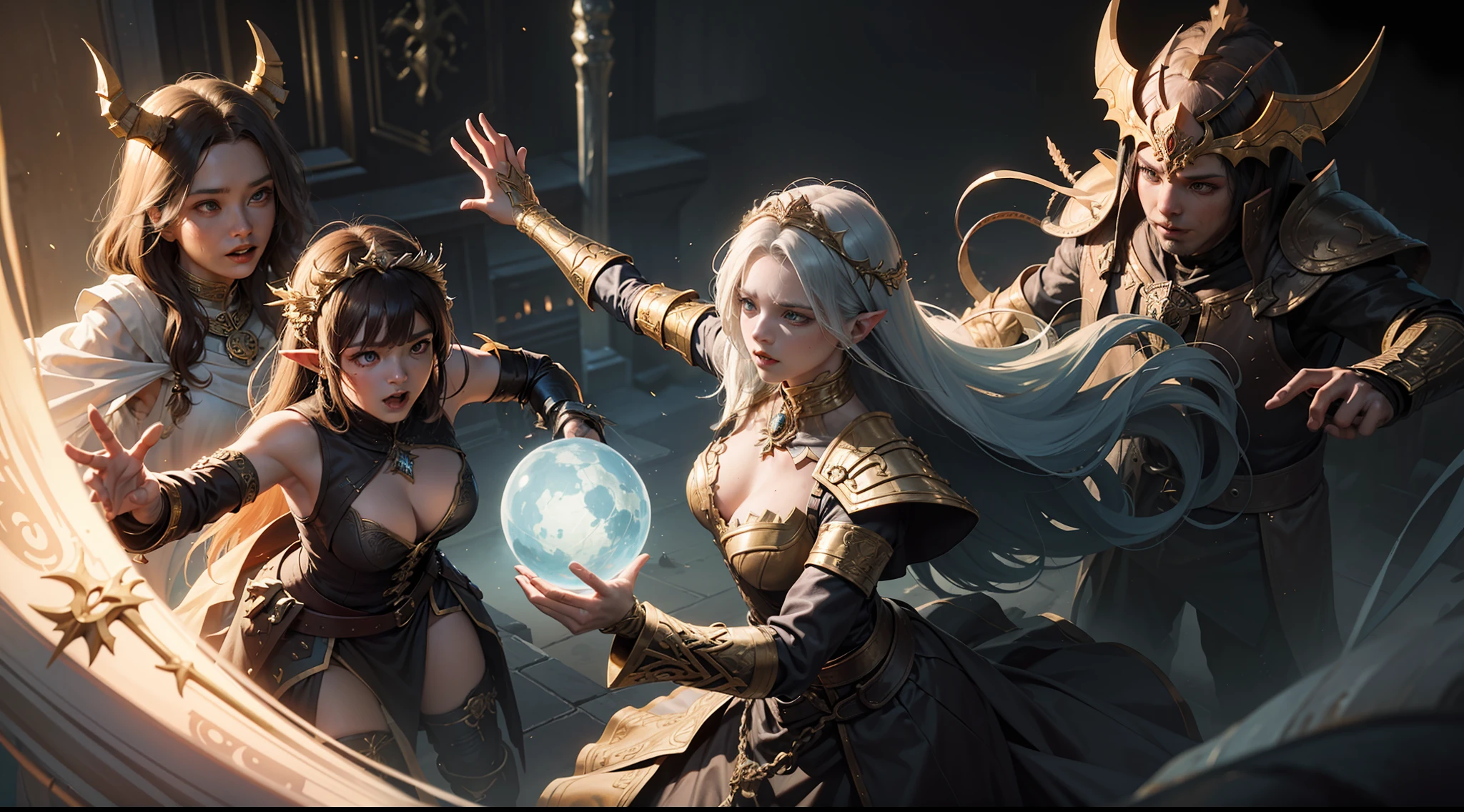 ((Best quality)), ((masterpiece)), (highly detailed:1.3)3D,tanjoreai , Amidst a realm of enchantment and mythical wonders, tales of (heroes:1.1) and (heroines:1.2) unfold. In this realm, ancient prophecies foretell the rise of a chosen champion destined to confront a malevolent force threatening to plunge the world into eternal darkness. The path to victory lies scattered across exotic and otherworldly landscapes, from mist-shrouded forests to towering crystalline peaks and (ethereal floating islands:1.1).Harnessing the arcane arts, (mighty wizards:1.1) conjure spells that weave intricate patterns of magic, while (elven archers:1.1) unleash arrows infused with ancient power. (Dwarven smiths craft legendary weapons:1.1) imbued with the essence of mythical creatures, capable of vanquishing even the most formidable foes.The heroes embark on a perilous quest, guided by ancient scrolls and cryptic riddles. Along their journey, they encounter wise mystics, shape-shifting creatures, and (mysterious sorceresses:1.1) who possess forbidden knowledge.As the heroes traverse the realms, ancient ruins and forgotten temples reveal long-lost secrets and powerful artifacts. The clash of steel and the crackling of (magical energies:1.1) echo through ancient battlegrounds, as the destiny of the world hangs in the balance. The heroes must summon unwavering courage, unwavering unity, and unlock their true potential to overcome seemingly insurmountable odds and fulfill their heroic destinies.In this realm of high fantasy, where the realms of magic and technology intertwine, where legends are born and (epic:1.2) sagas unfold, where heroes rise and villains fall, embark on a grand adventure that will captivate the imagination and transport you to a world where anything is possible,HDR (High Dynamic Range),Ray Tracing,NVIDIA RTX,Super-Resolution,Unreal 5,Subsurface scattering,PBR Texturing,Post-processing,Anisotropic Filtering,Depth-of-field,Maximum clarity and sharpness,Multi-layered textu