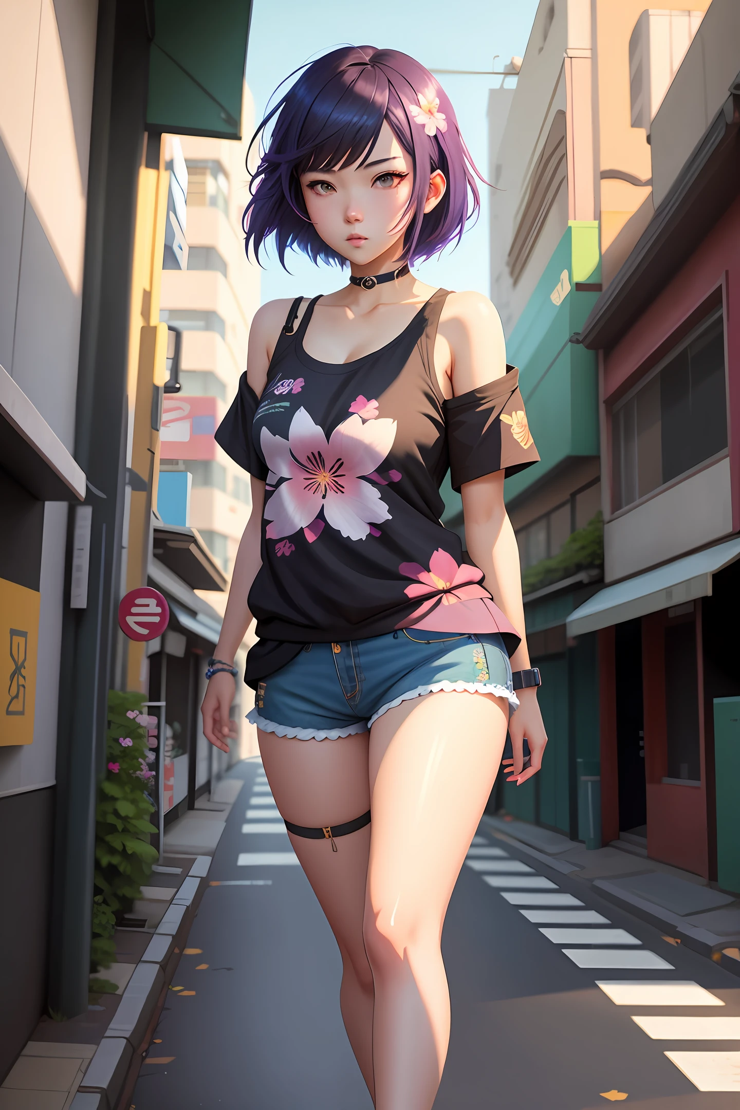 anime girl in short shorts and a floral top walking down a city street, cyberpunk art by Shitao, pixiv contest winner, digital art, artwork in the style of guweiz, ilya kuvshinov. 4 k, guweiz, urban girl fanart, guweiz on pixiv artstation, guweiz on artstation pixiv