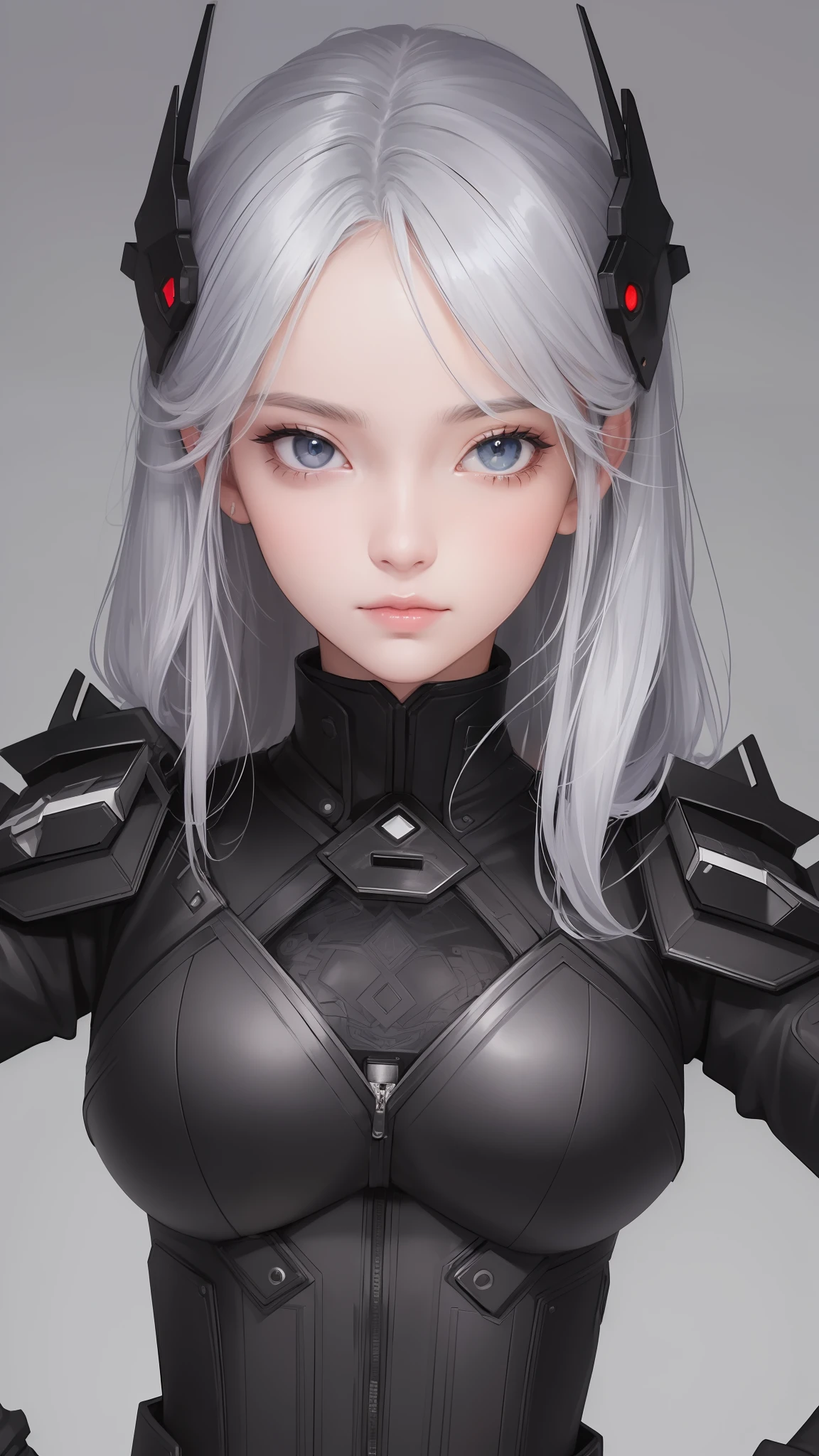 ((high quality, masterpiece:1.4)), 1girl, upper body, cyberpunk, black techwear, black gloves, white hair, japanese girl, symmetrical face, symmetrical eyes, looking at viewer, grey eyes, pretty face, beautiful face, beautiful eyes, beautiful girl, pretty girl, perfect facial shape, absurdres, realistic proportions, dynamic pose, high details, intricate, intricate details, realistic eyes, realistic eye proportions, sharp focus, 32k, realistic lighting, extreme details, realistic pupils, realistic proportion eyes, realistic proportions pupils, realistic shadows,