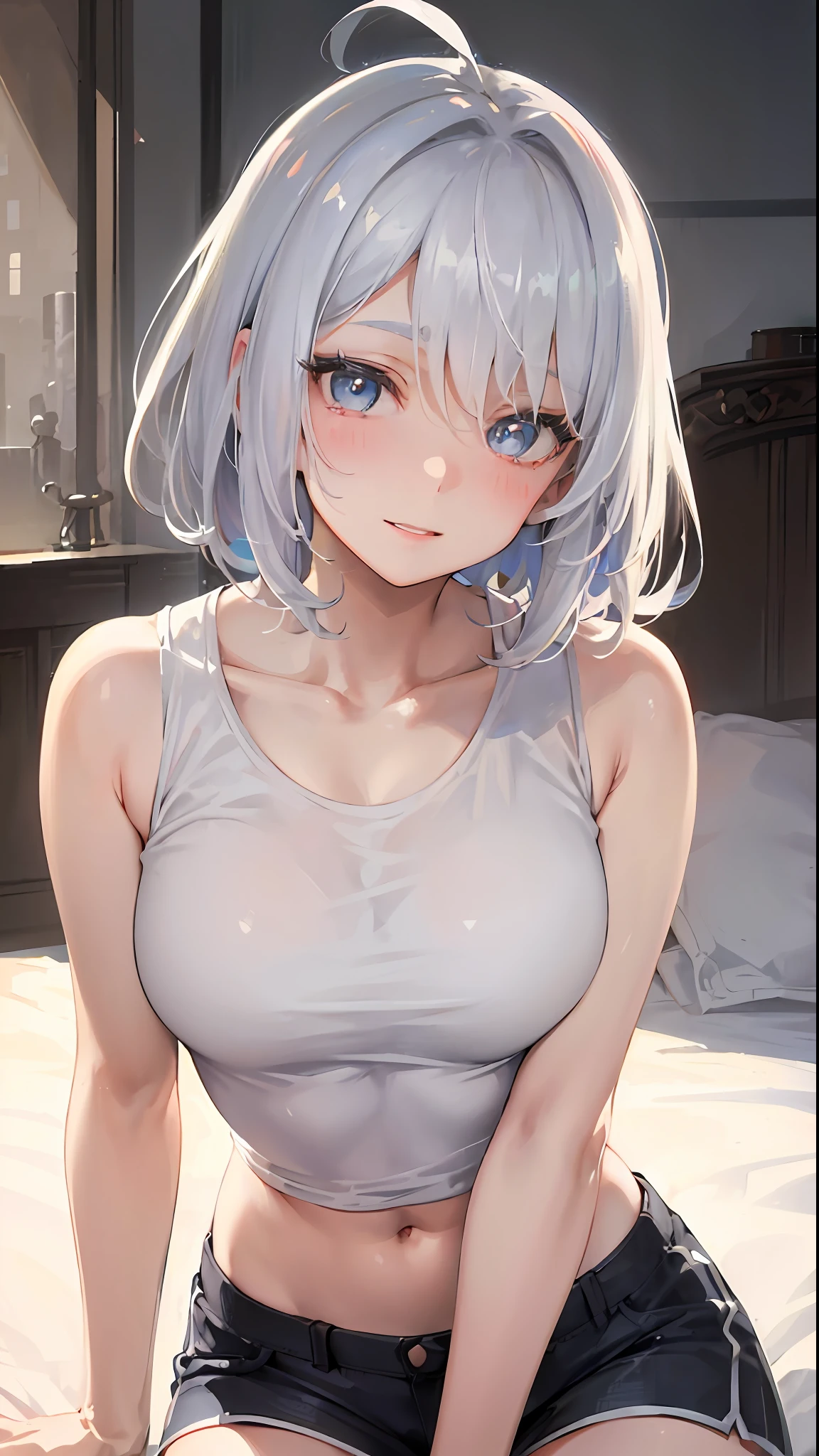 Masterpiece, high quality, high resolution, a girl, bust, silver white hair, gradient hair color, short hair, large dull hair, covering ears, blue eyes, dotted pupils, open eyes, looking at the audience, crop top, white tank top, black sports shorts, smile, long eyelashes, bed, indoor