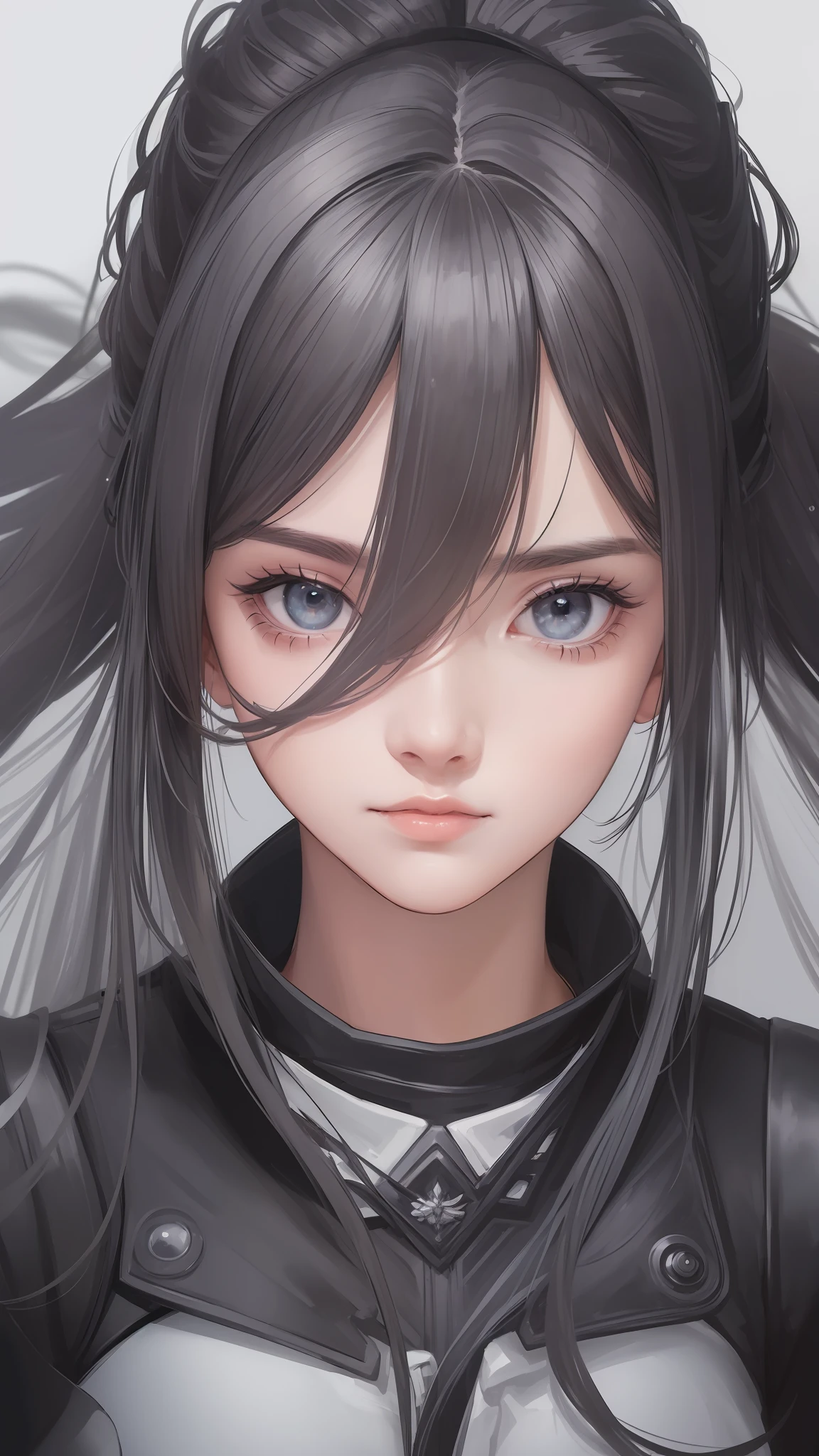 ((high quality, masterpiece:1.4)), 1girl, upper body, cyberpunk, black techwear, black gloves, white hair, japanese girl, symmetrical face, symmetrical eyes, looking at viewer, grey eyes, pretty face, beautiful face, beautiful eyes, beautiful girl, pretty girl, perfect facial shape, absurdres, realistic proportions, dynamic pose, high details, intricate, intricate details, realistic eyes, realistic eye proportions, sharp focus, 32k, realistic lighting, extreme details, realistic pupils, realistic proportion eyes, realistic proportions pupils, realistic shadows,