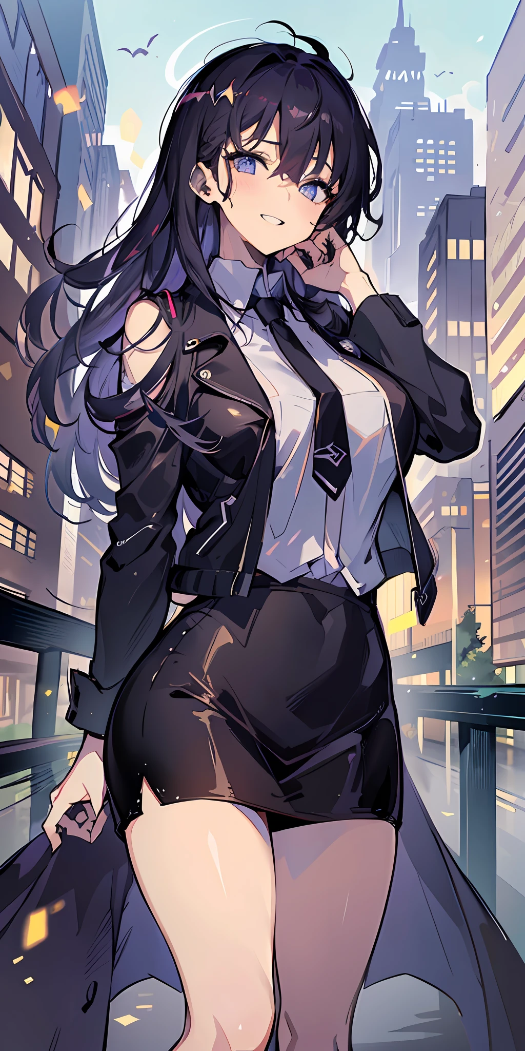 (Masterpiece: 1.6, Best Quality), (Fine and Beautiful Eyes: 1.2), (Overhead), High Quality, Beautiful Face, 1girl, Leather Tight Skirt, Oversized Leather Jacket, Open Shoulders, Big Tits, Long Hair, Wide Hips, (Landscaped, ), Street, Background, Detail Background, Spooky Smile, Angled Laughter at the Corners of Mouth, Long Coat, Shirt, Tie, Office Lady