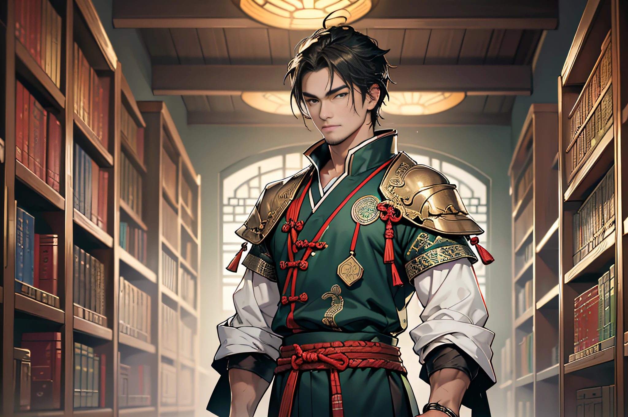Best quality, masterpiece, high resolution, 1boy, ancient Chinese, 18 years old, samurai head, tall, gorgeous jewelry, lots of ornaments, high toes, arrogant, standing, clear face, no stubble, green exercise clothes, rows, bookshelf, library cabinet, 4k, 8k. Chinese ancient style. (High Detail Skin: 1.2), 8K UHD, DSLR, Soft Light, High Quality, Volumetric Light, Voyeur, Photo, High Resolution, 4K, 8K.