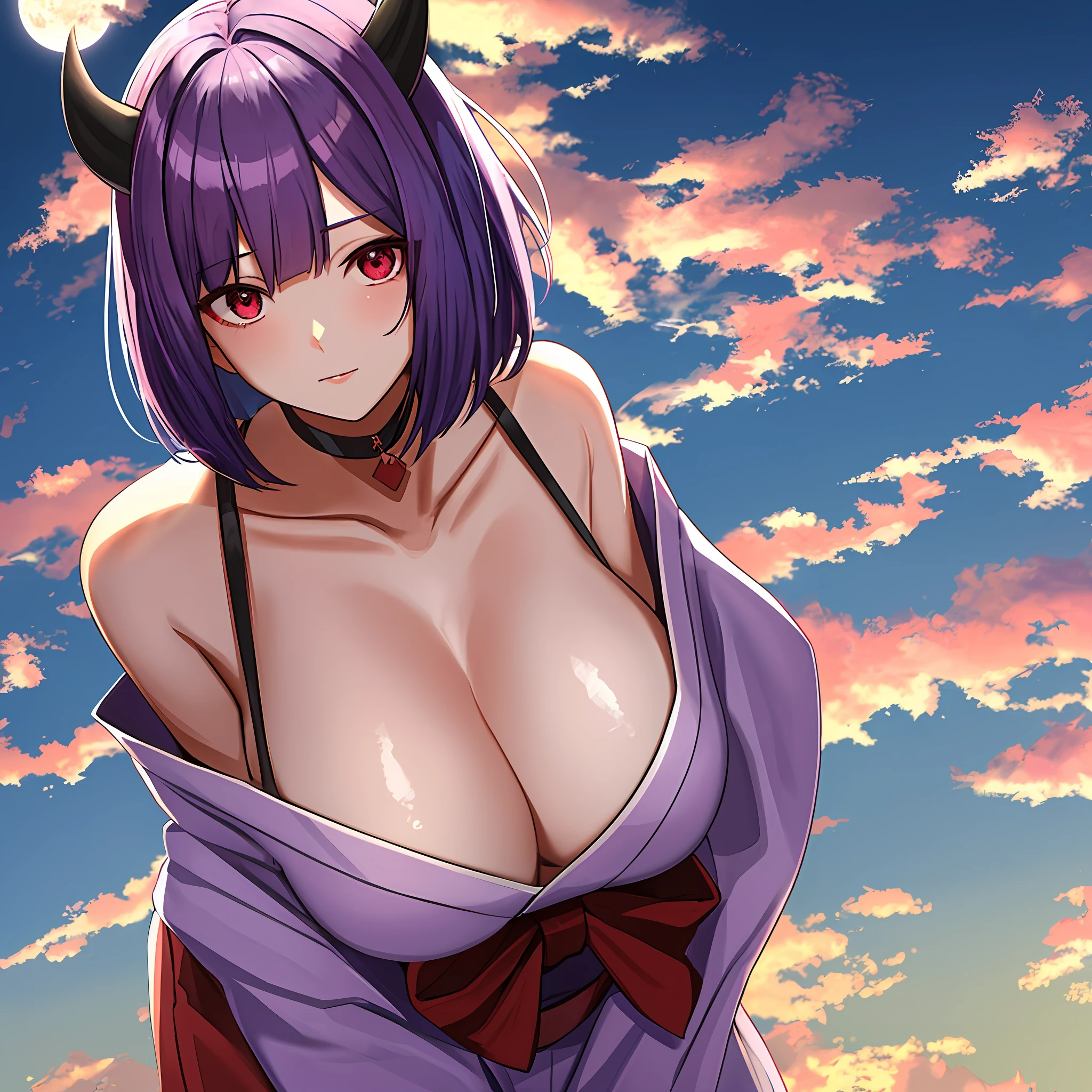 1girl, solo, mid shot of a girl, bob cut, dark purple hair, red eyes, horns, large breasts, choker, in yukata, Japanese white clothing, cleavage. sky and clouds in background, at night time, bottom view, upper body, gray sky, clouds, moon light, hdr, hard lighting