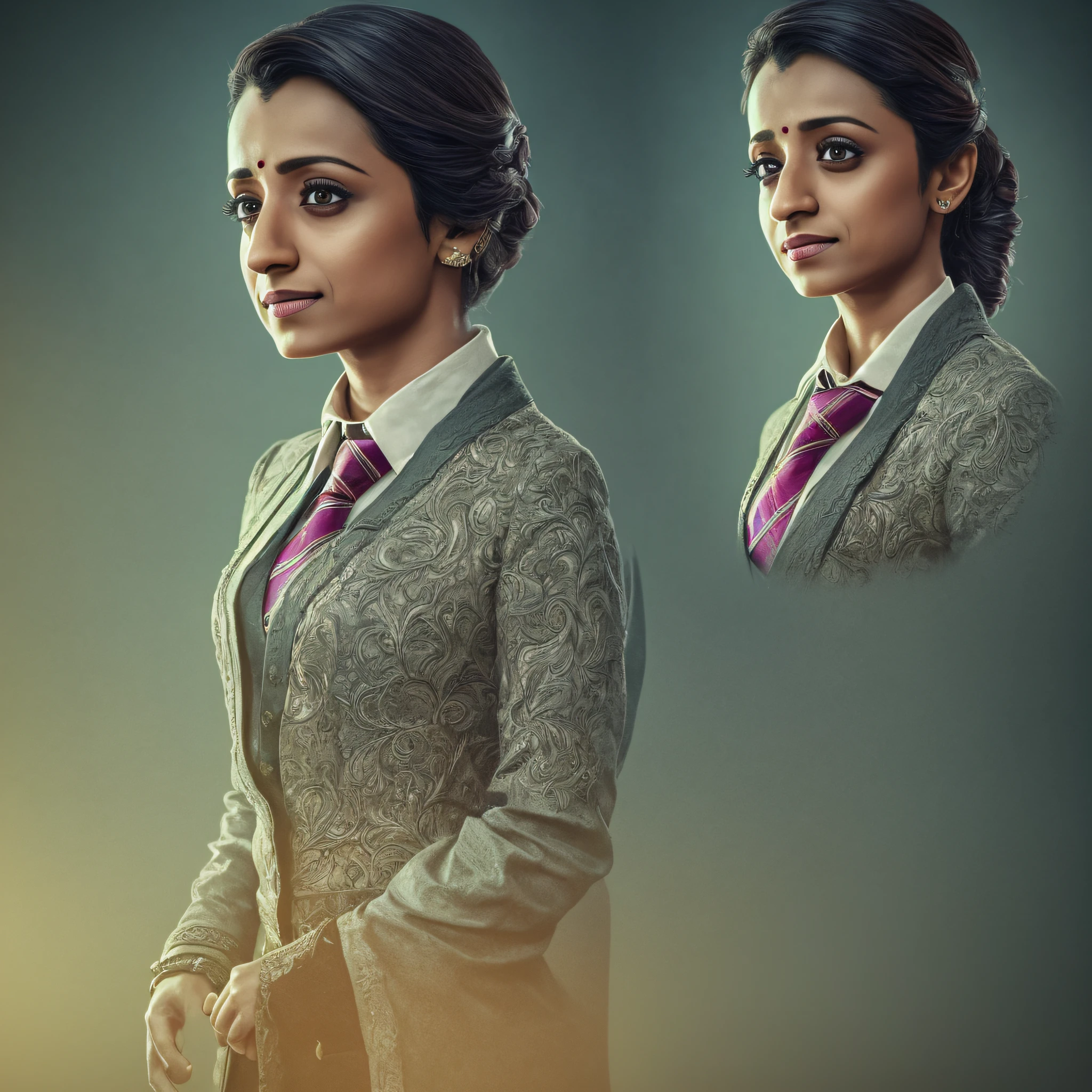 a women trisha  wearing a tie, school, indoors, (soothing tones:1.25), (hdr:1.25), (artstation:1.2), dramatic, (intricate details:1.14), (hyperrealistic 3d render:1.16), (filmic:0.55), (rutkowski:1.1), (faded:1.3)