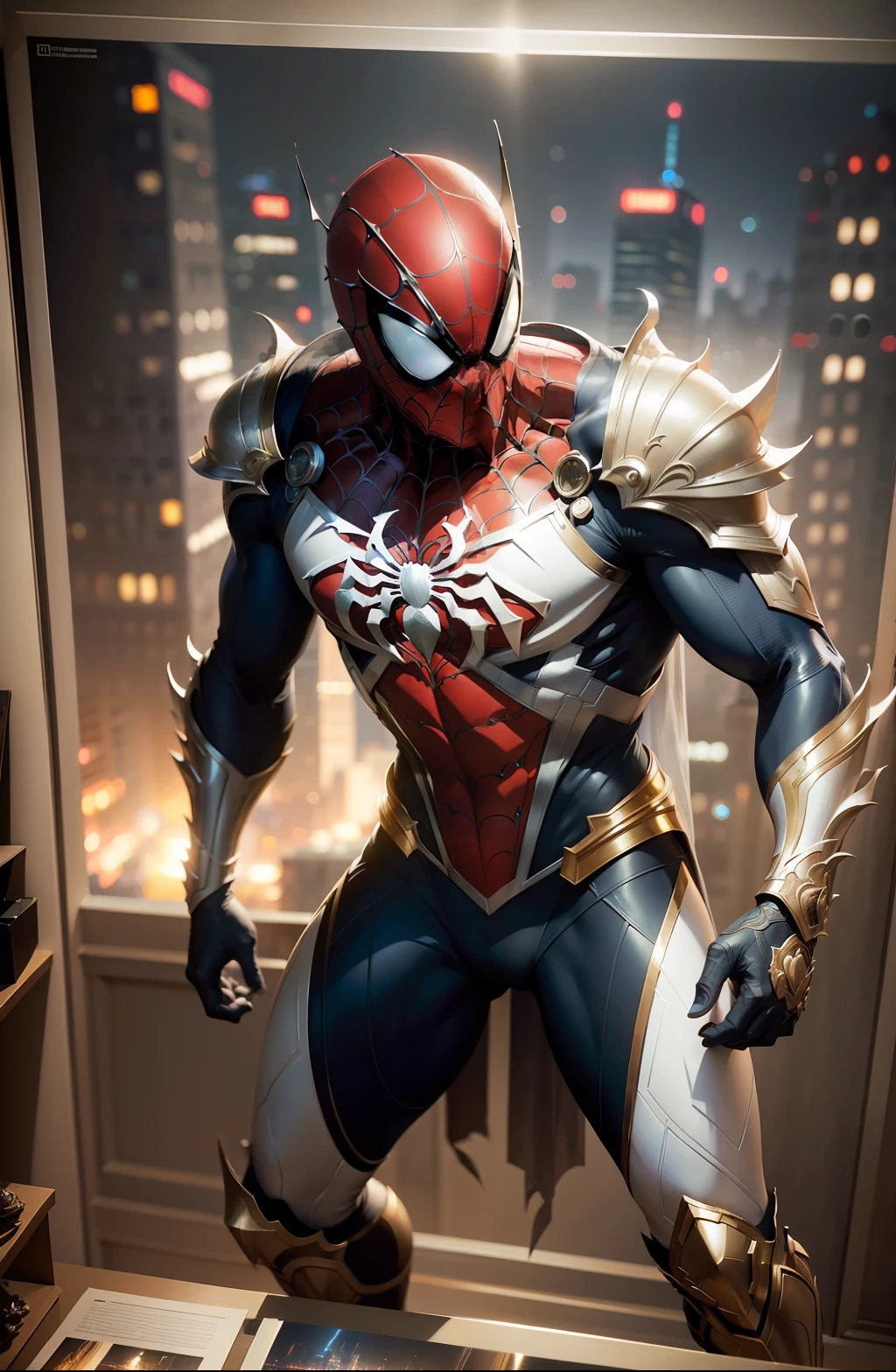 Full body shot of Spider-Man in white and gold armor style costume, no mask, white cape, looking at center camera, perfect composition, beautiful detailed intricately detailed octane render trending on artstation, fine art photography 8K, photorealistic concept art, soft natural volumetric cinematic perfect light, chiaroscuro, award winning photography, masterpiece, oil on canvas, Raphael, Caravaggio, Greg Ruttowski, Beeple, Beksinski, Giger, Trending on ArtStation, Sharp Focus, Studio Photo, Intricate details, highly detailed, city night background by Greg Rutkowski