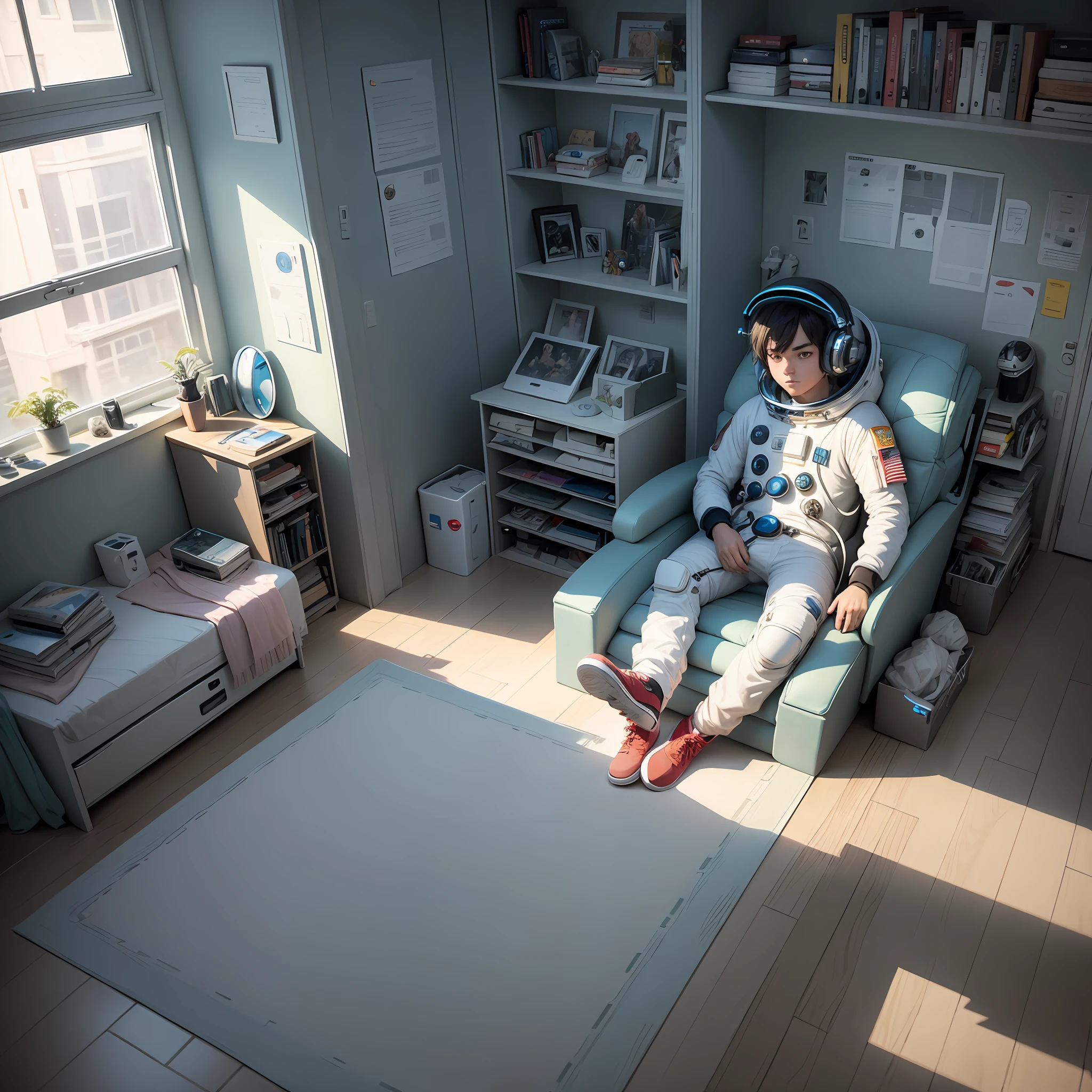 2D boy playing on his PC, in his futuristic room with his astronaut outfit