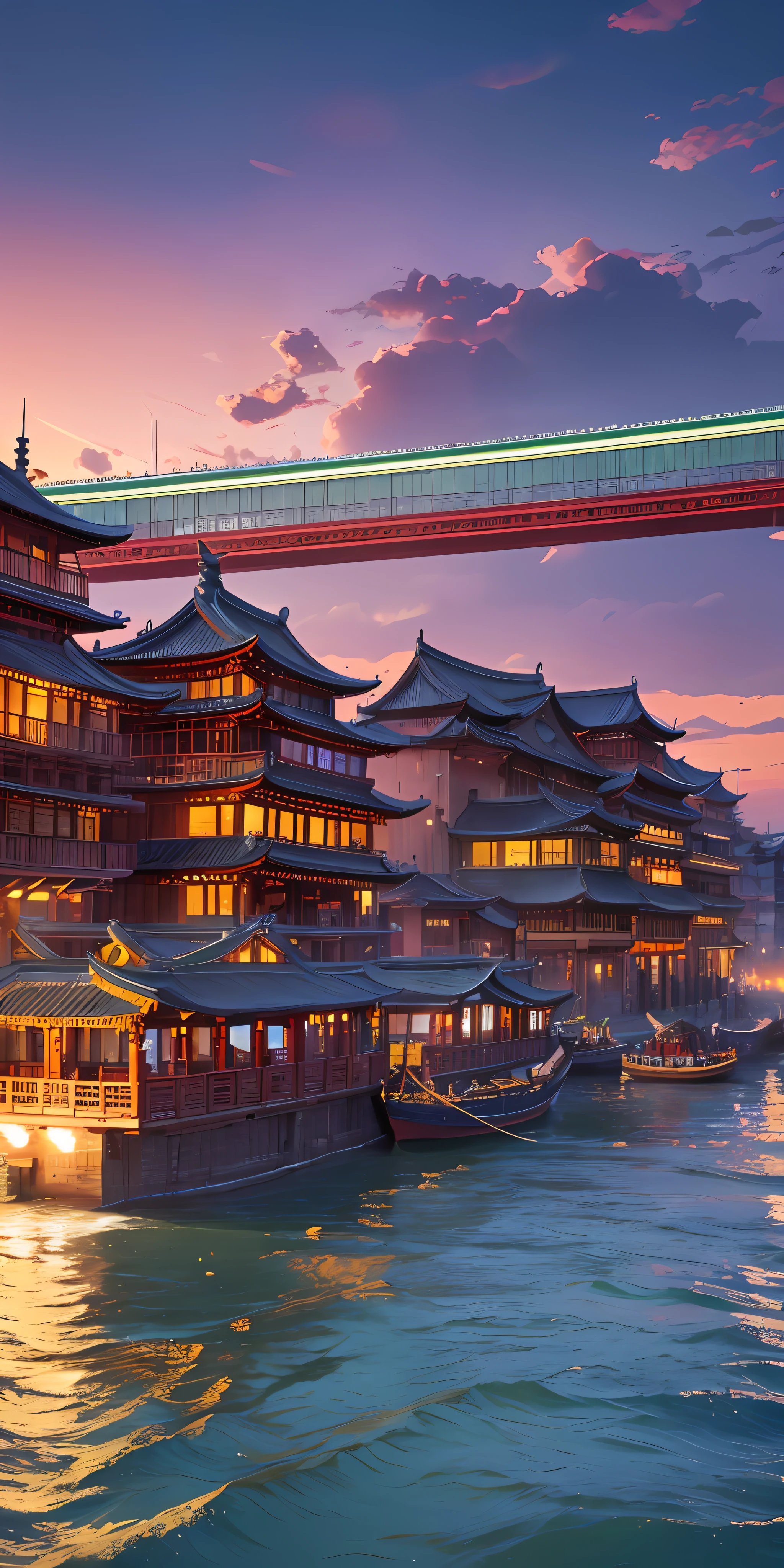 清明上河图,horizontal layout, high resolution, best quality, ultra-detailed, dynamic angle, floating, bustling cityscape, intricate details, historical architecture, flowing river, vivid colors, volumetric lighting, crowded boats and bridges, rich cultural background.
