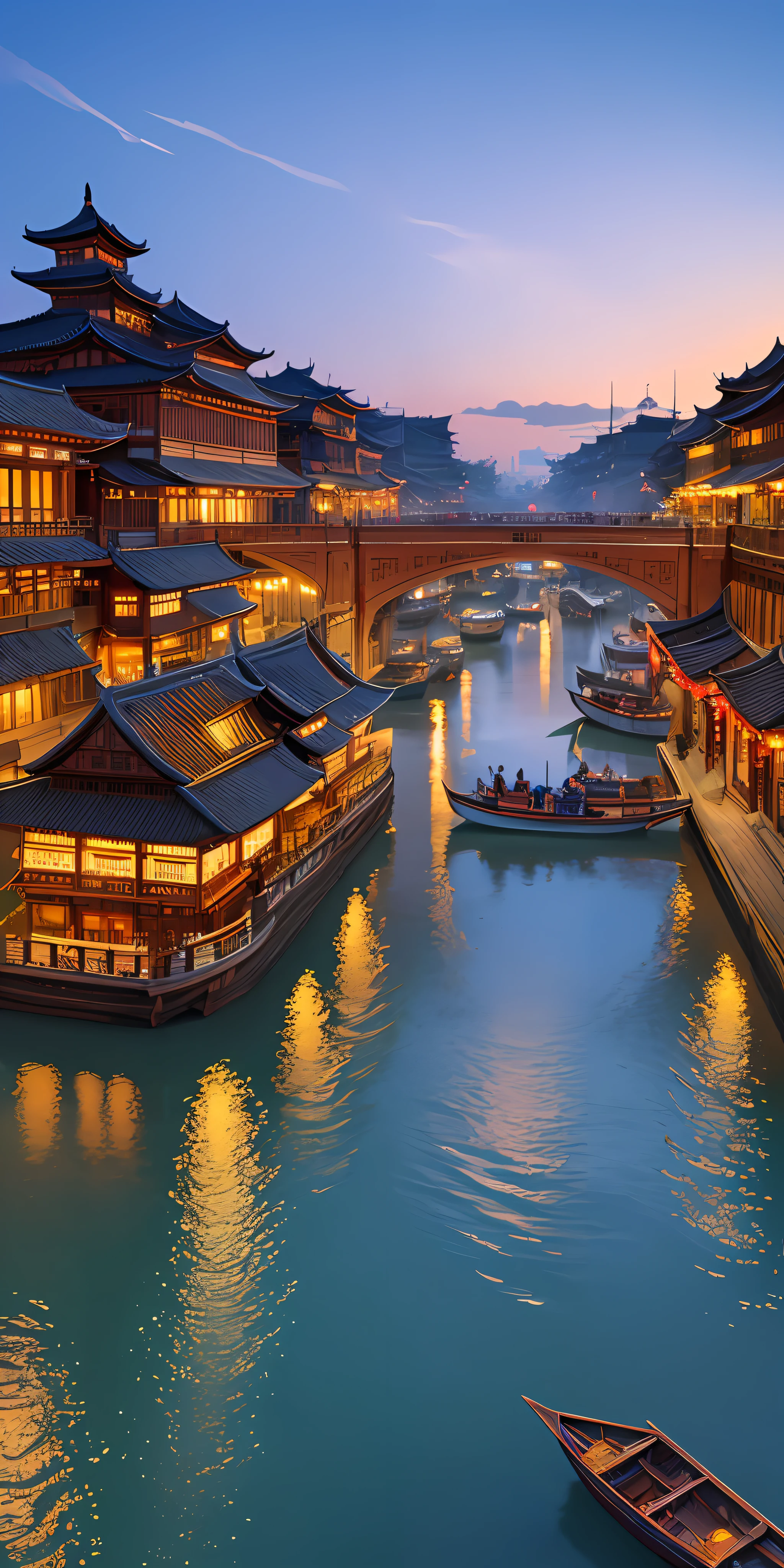 清明上河图，horizontal layout, high resolution, best quality, ultra-detailed, dynamic angle, floating, bustling cityscape, intricate details, historical architecture, flowing river, vivid colors, volumetric lighting, crowded boats and bridges, rich cultural background.