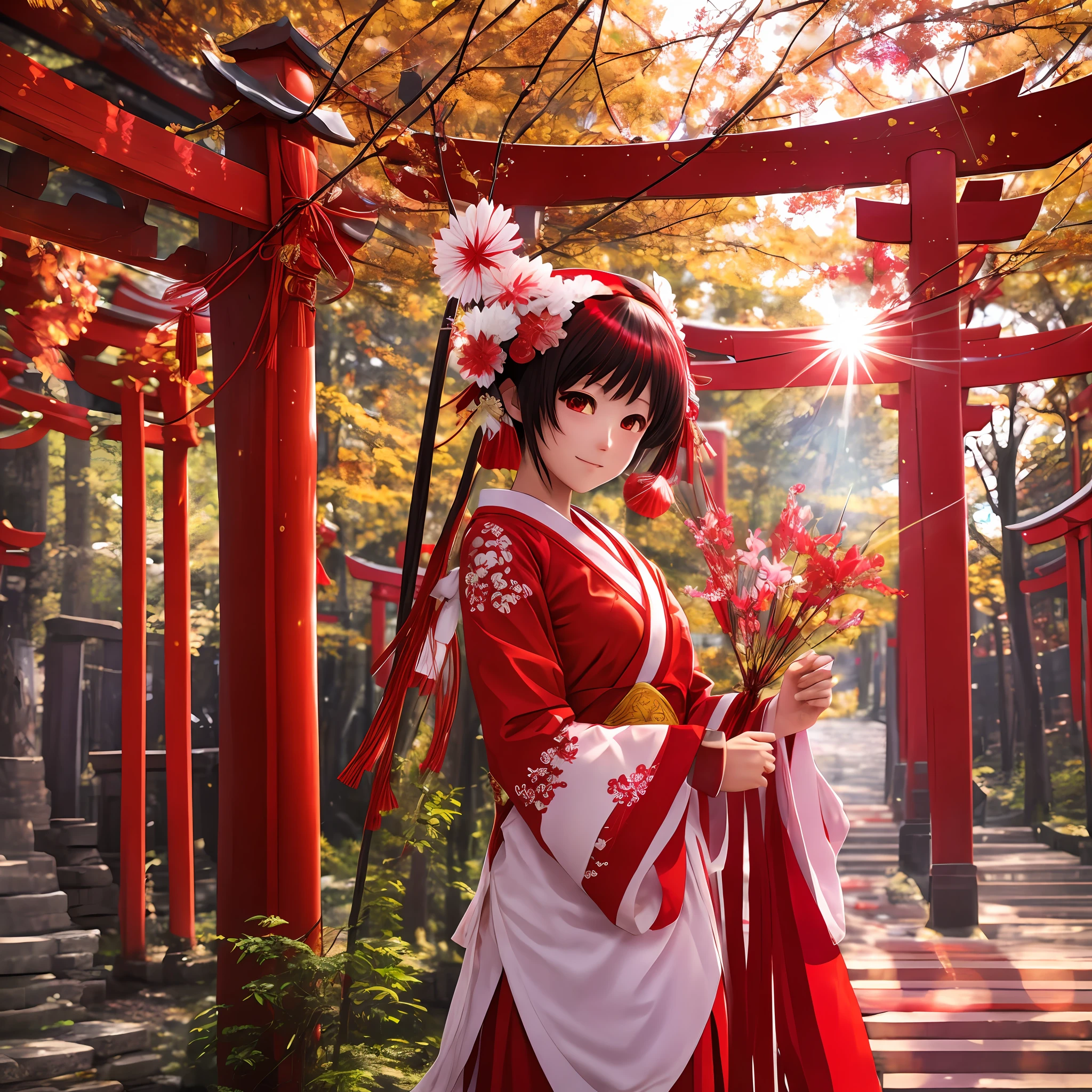Lens flare, Higanbana, Miko, Torii --auto --s2