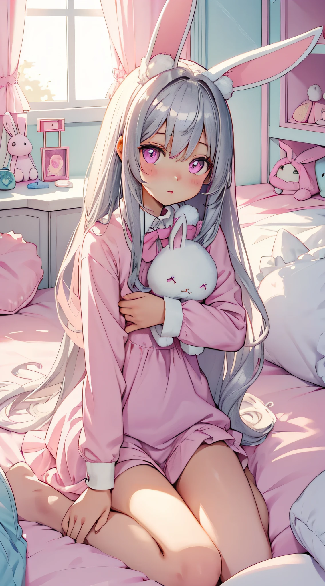 beautiful illustration, best quality, cute girl, bedroom, pastel color, fluffy bunny ears, petite, silver long hair, rabbit stuffed toy, bright lighting, light pink eyes