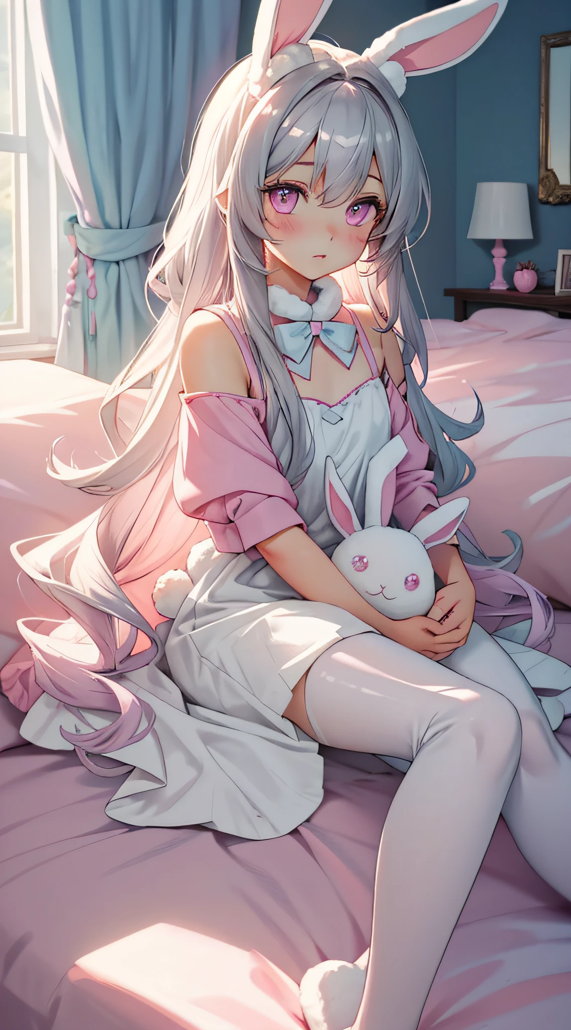beautiful illustration, best quality, cute girl, bedroom, pastel color, fluffy bunny ears, petite, silver long hair, rabbit stuffed toy, bright lighting, light pink eyes