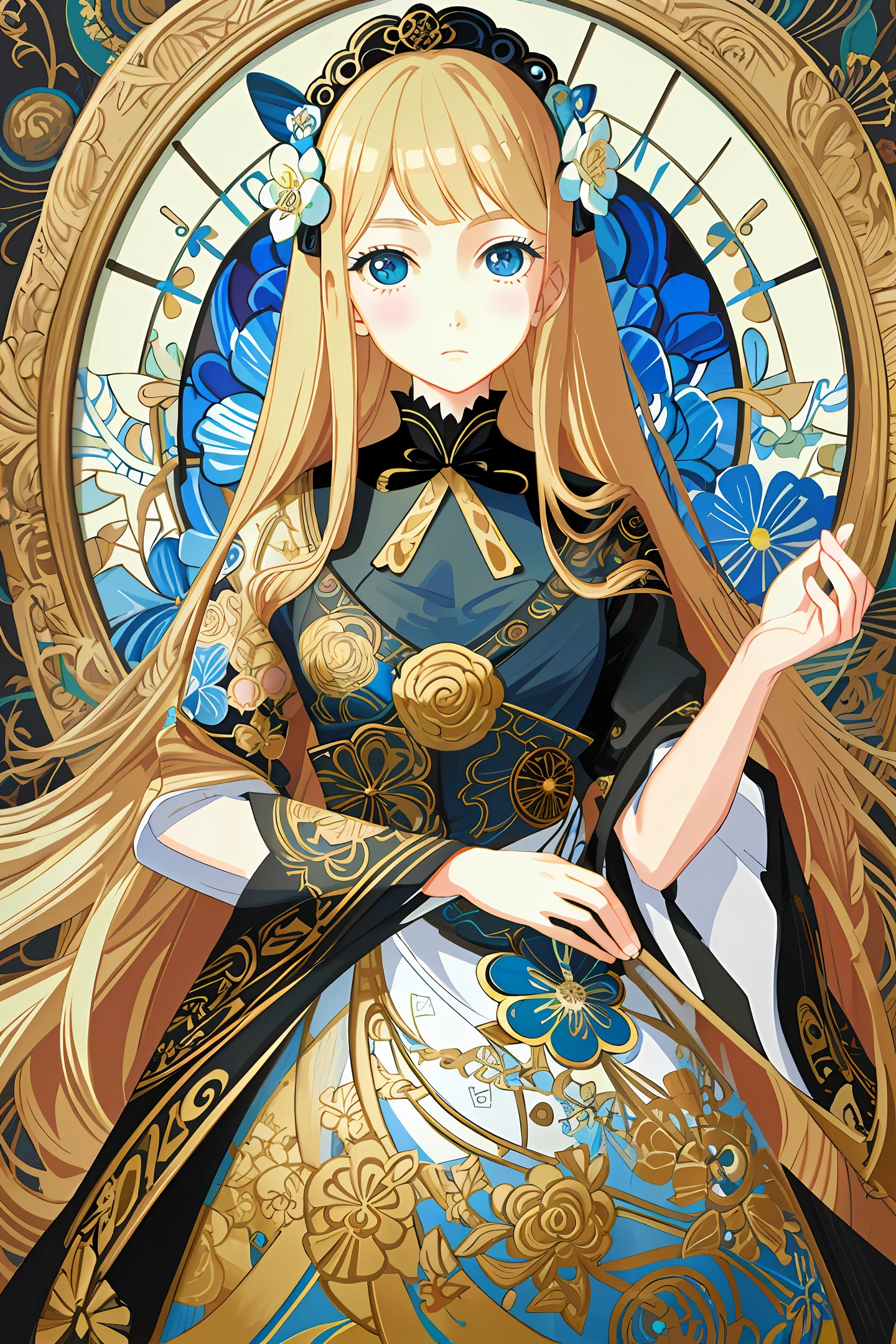 a painting of a woman with flowers on her head, a detailed painting, by Audrey Kawasaki, featured on pixiv, gothic art, looks a bit similar to amy adams, tv tokyo 2010s anime series, trevor brown style, range murata yoshitaka amano, patchwork doll, ornate long flowing blonde hair, 1 1 1 1