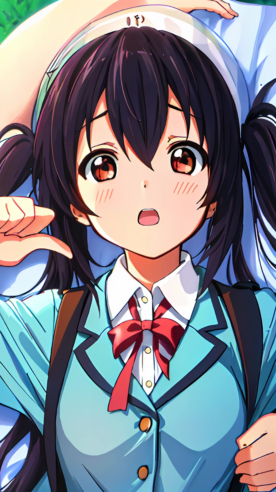 1girl, ((((Masterpiece))), Best Quality, Best Quality, High Detail, Azusa Nakano, 1girl, Sakuragaoka High School Uniform, Musical Instrument, School Uniform, Twin Tails, Long Hair, Black Hair, Brown Eyes, Solo, Red, Dark blue blazer with a thin ribbon of red, Solid white button shirt under blazer, Illustration, Cartoon, Soothing tones, Muted colors, Soft cinematic light, Adobe Lightroom, Photo Lab, HDR, complex and highly detailed, (((depth of field))))). (((Masterpiece))). (((highest quality))).) ((super detail))). (((Illustration))). (((Outside))). (((fighting stance))).,(((Lying down))).dynamic focus.small breasts.. (((Face of sadness))). Open mouth.Close your eyes.Spread your arms.Ground.Lie on your back.