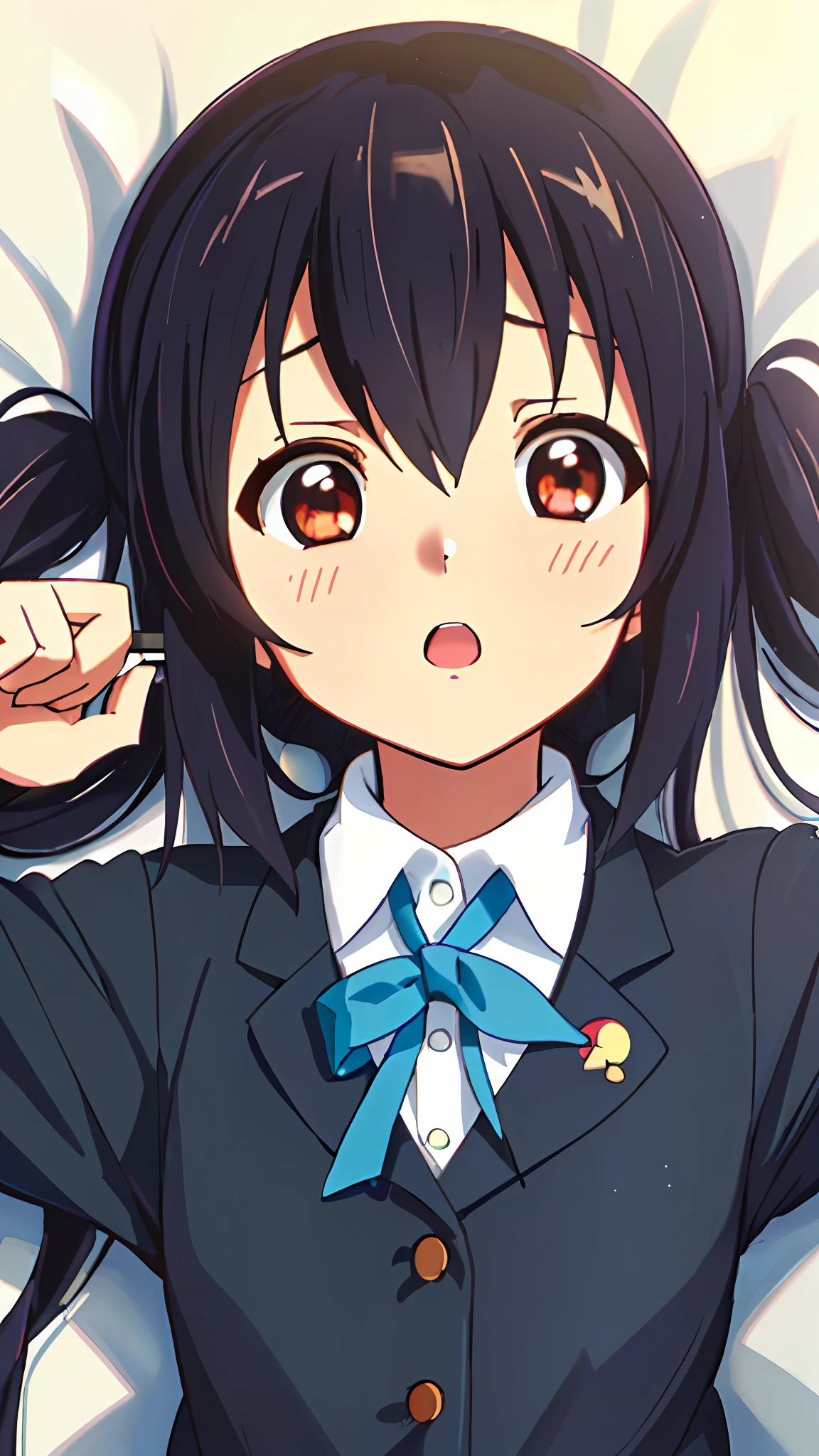 1girl, ((((Masterpiece))), Best Quality, Best Quality, High Detail, Azusa Nakano, 1girl, Sakuragaoka High School Uniform, Musical Instrument, School Uniform, Twin Tails, Long Hair, Black Hair, Brown Eyes, Solo, Red, Dark blue blazer with a thin ribbon of red, Solid white button shirt under blazer, Illustration, Cartoon, Soothing tones, Muted colors, Soft cinematic light, Adobe Lightroom, Photo Lab, HDR, complex and highly detailed, (((depth of field))))). (((Masterpiece))). (((highest quality))).) ((super detail))). (((Illustration))). (((Outside))). (((fighting stance))).,(((Lying down))).dynamic focus.small breasts.. (((Face of sadness))). Open mouth.Close your eyes.Spread your arms.Ground.Lie on your back.