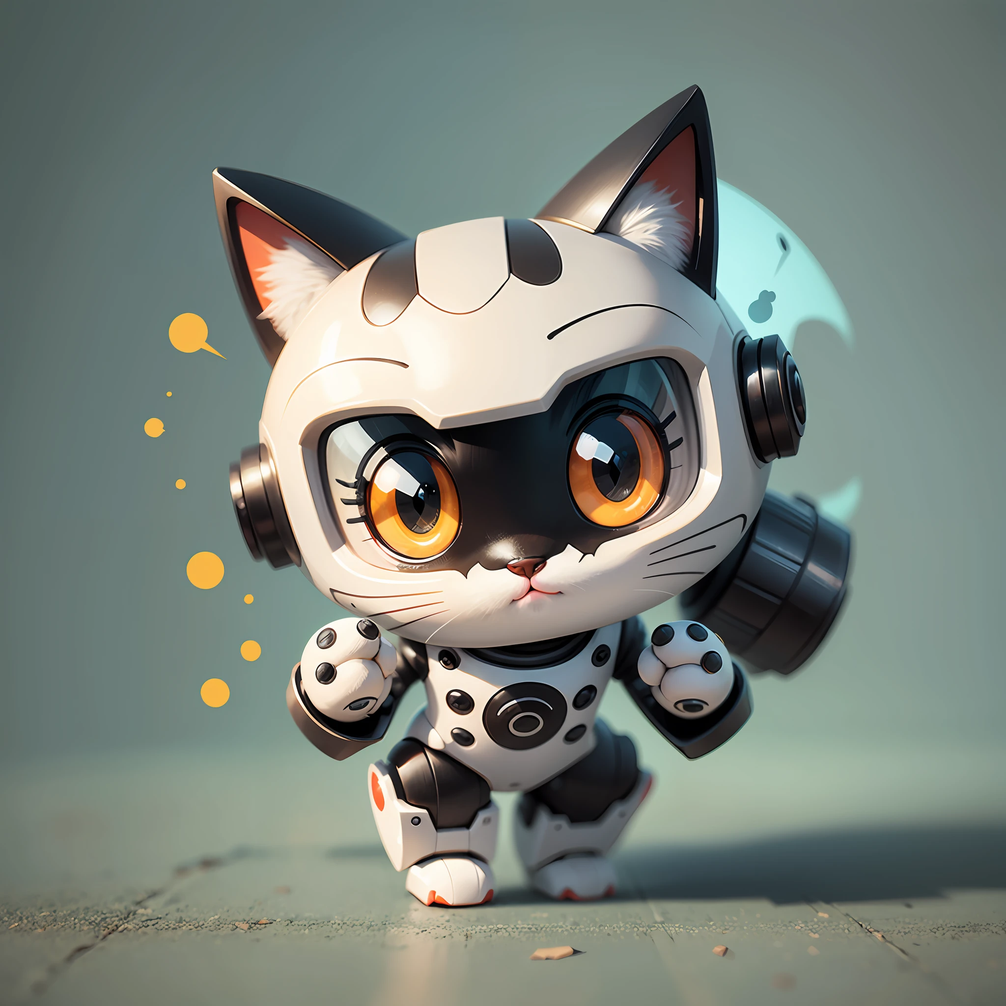 : the cat robot can have an adorable design, with large and expressive eyes, bright colors and rounded shapes, which make it attractive cartoon style