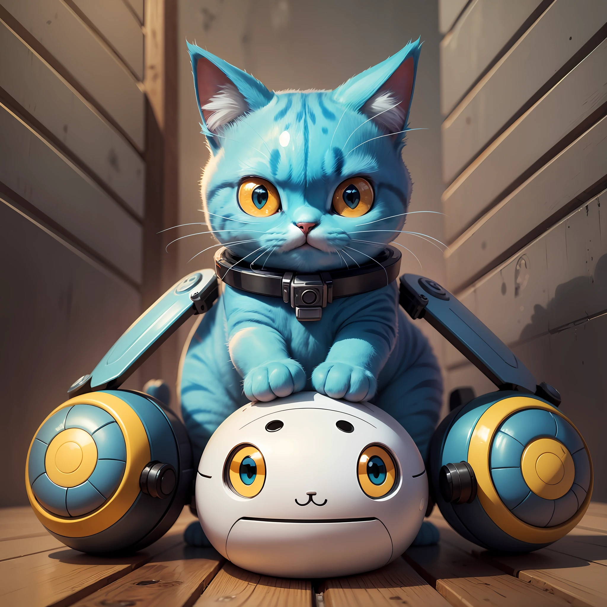 : the cat robot can have an adorable design, with large and expressive eyes, bright colors and rounded shapes, which make it attractive cartoon style