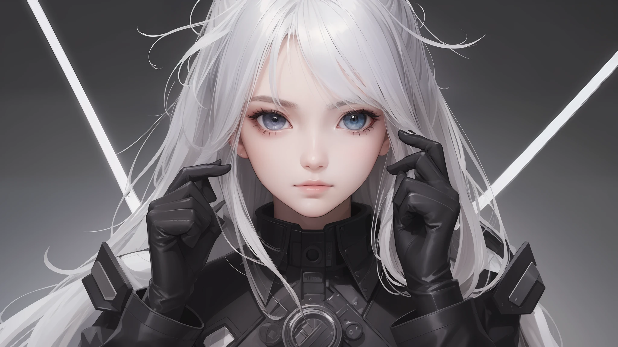 ((high quality, masterpiece:1.4)), 1girl, upper body, cyberpunk, black techwear, black gloves, white hair, japanese girl, symmetrical face, symmetrical eyes, looking at viewer, grey eyes, pretty face, beautiful face, beautiful eyes, beautiful girl, pretty girl, perfect facial shape, absurdres, realistic proportions, dynamic pose, high details, intricate, intricate details, realistic eyes, realistic eye proportions, sharp focus, 32k, realistic lighting, extreme details, realistic pupils, realistic proportion eyes, realistic proportions pupils, realistic shadows,