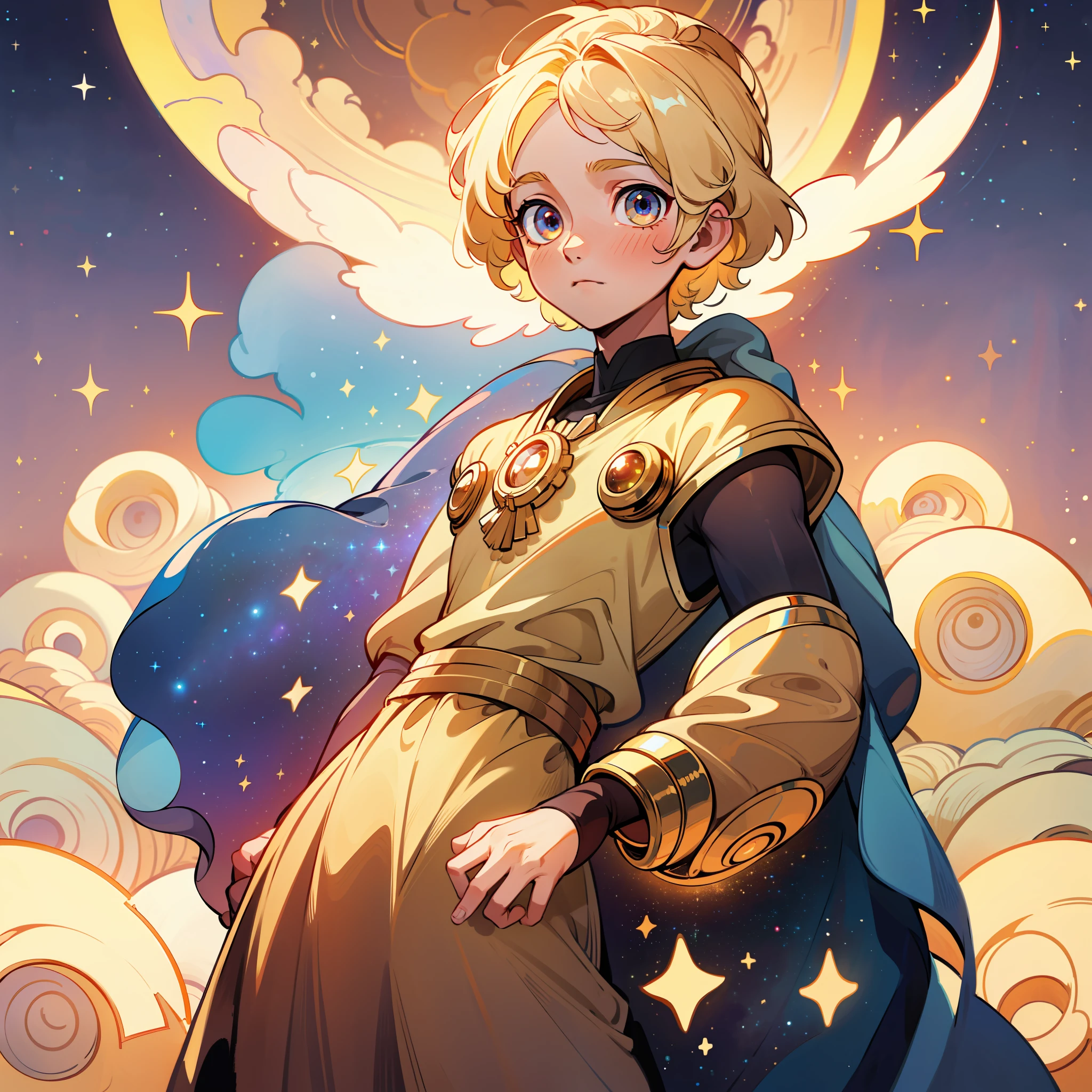 a boy with universe-like eyes with a golden divine aura and mini galaxies surrounding him, ,masterpiece, superior quality, high resolution,