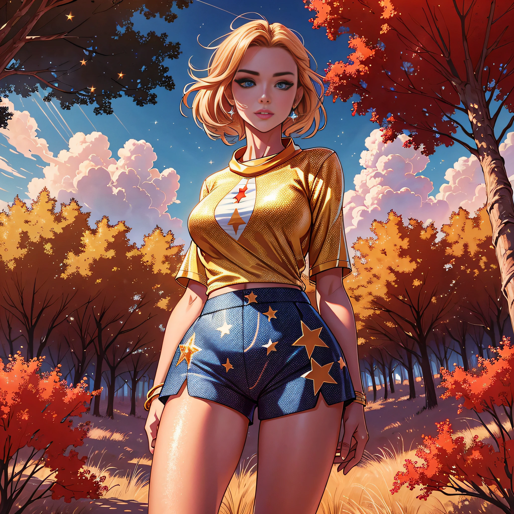 golden hour, 1gil with an outfit made of red stars, bright blue eyes, clouds, short shorts, trees