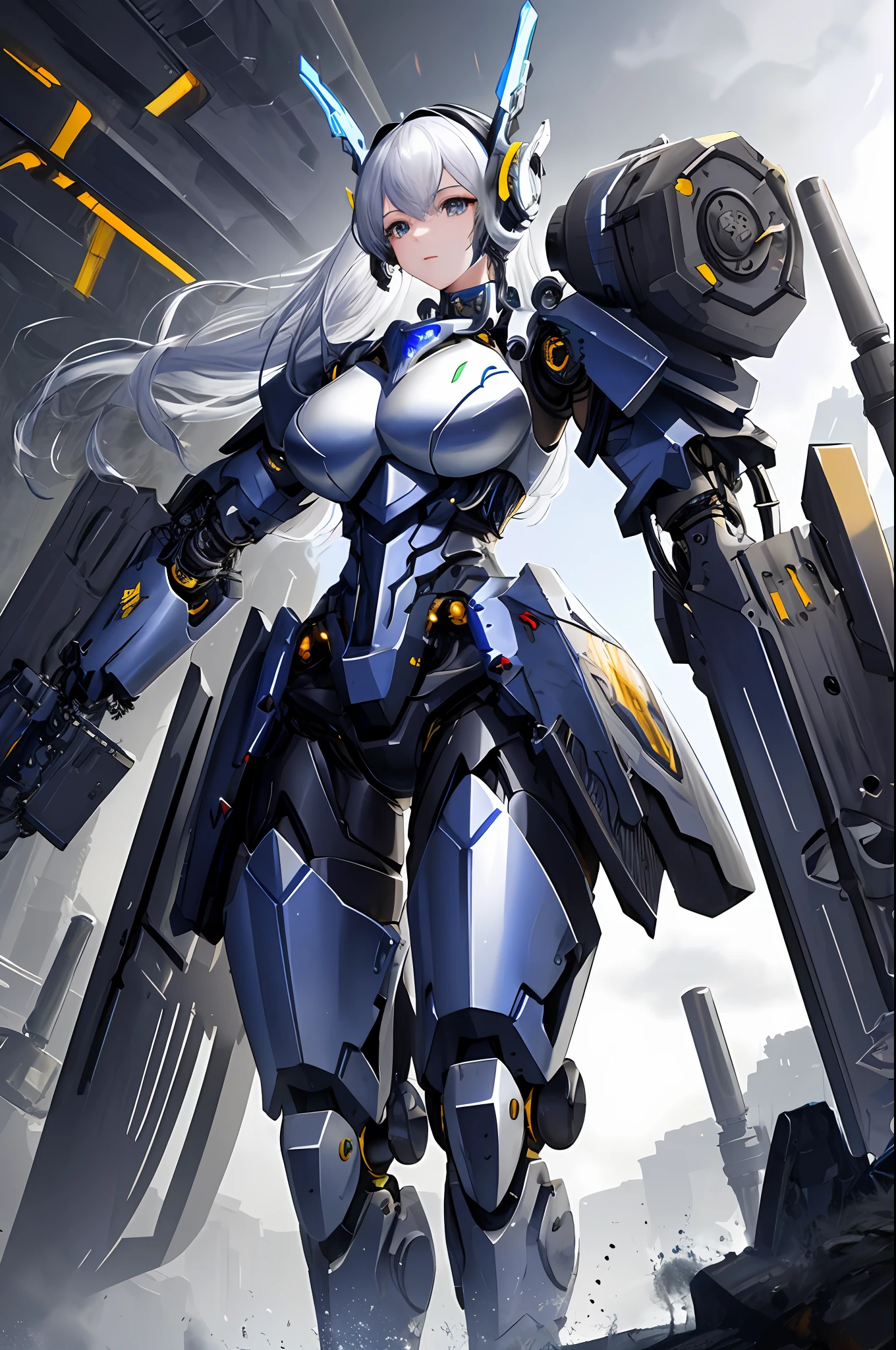 Top quality, masterpiece, masterpiece, highly detailed 8k wallpaper, female robot, headgear covered up to the ears, limbs of mechanical joints, the whole body is covered with heavy mechanical armor, connected cables, tubes connecting the body, long white hair, arm cannons on both arms, huge armor on both shoulders, huge thrusters at the waist, open stance, depiction from knees to head, floating mechanical fortress,