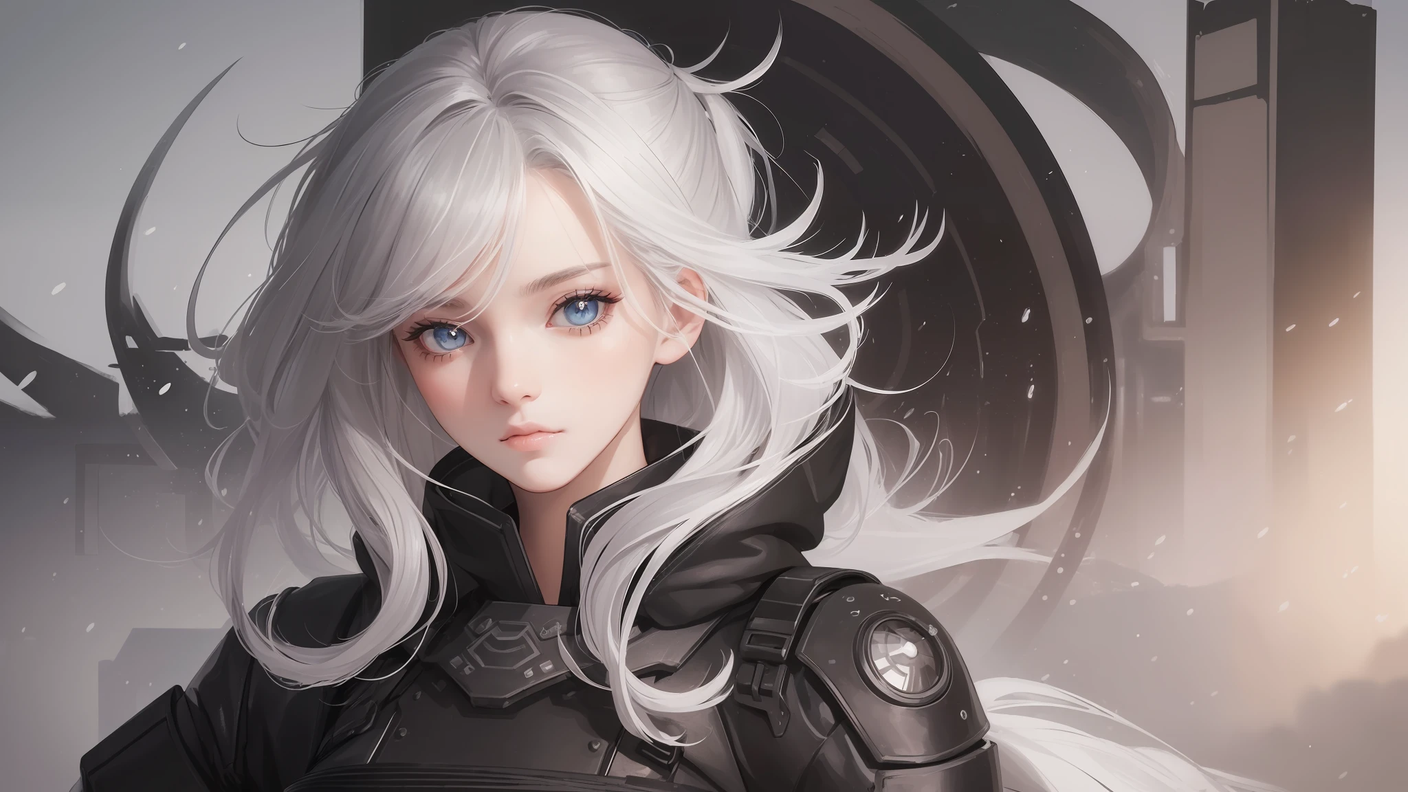 ((high quality, masterpiece:1.4)), 1girl, upper body, cyberpunk, black techwear, black gloves, white hair, japanese girl, symmetrical face, symmetrical eyes, looking at viewer, grey eyes, pretty face, beautiful face, beautiful eyes, beautiful girl, pretty girl, perfect facial shape, absurdres, realistic proportions, dynamic pose, high details, intricate, intricate details, realistic eyes, realistic eye proportions, sharp focus, 32k, realistic lighting, extreme details, realistic pupils, realistic proportion eyes, realistic proportions pupils, realistic shadows,