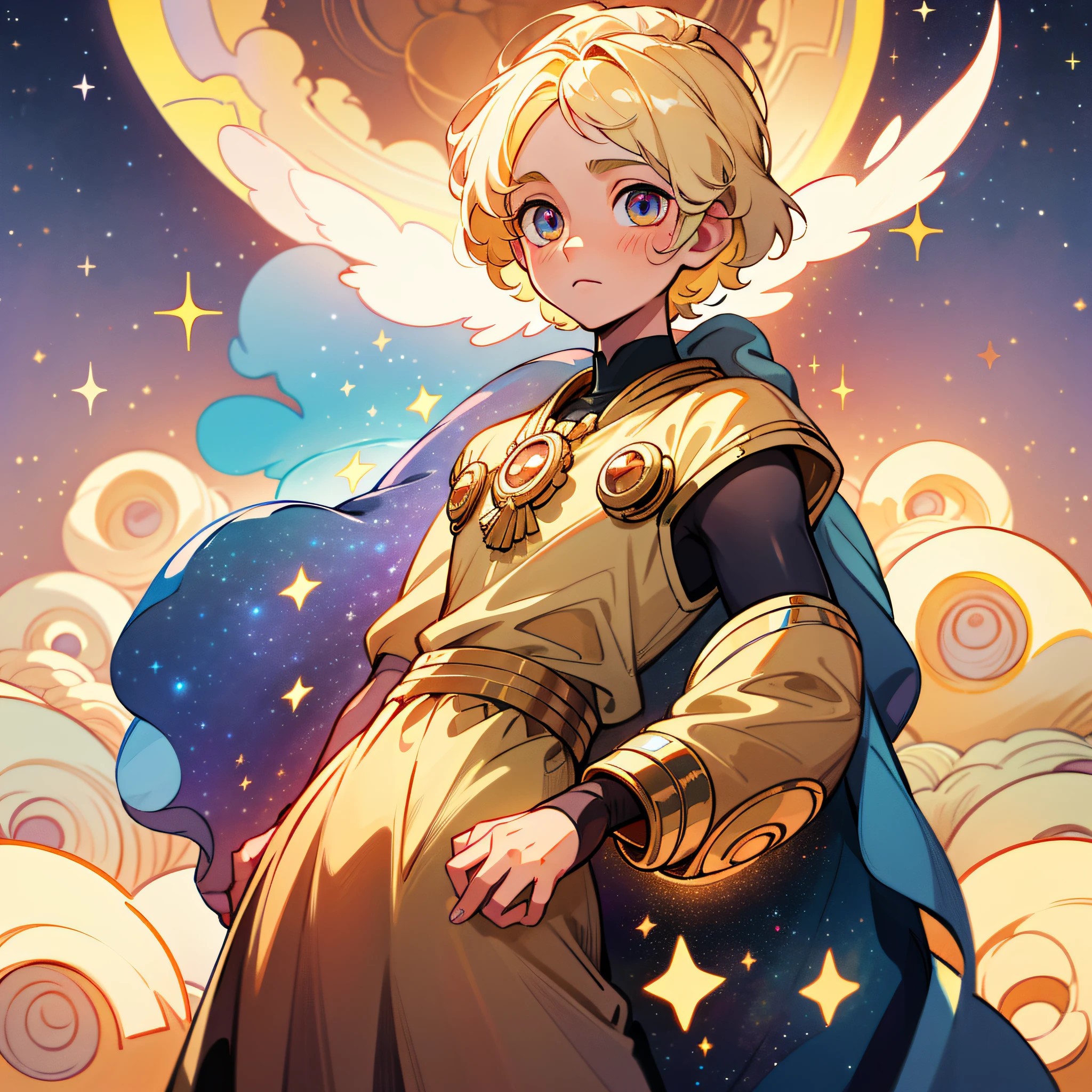 a boy with universe-like eyes with a golden divine aura and mini galaxies surrounding him, ,masterpiece, superior quality, high resolution,