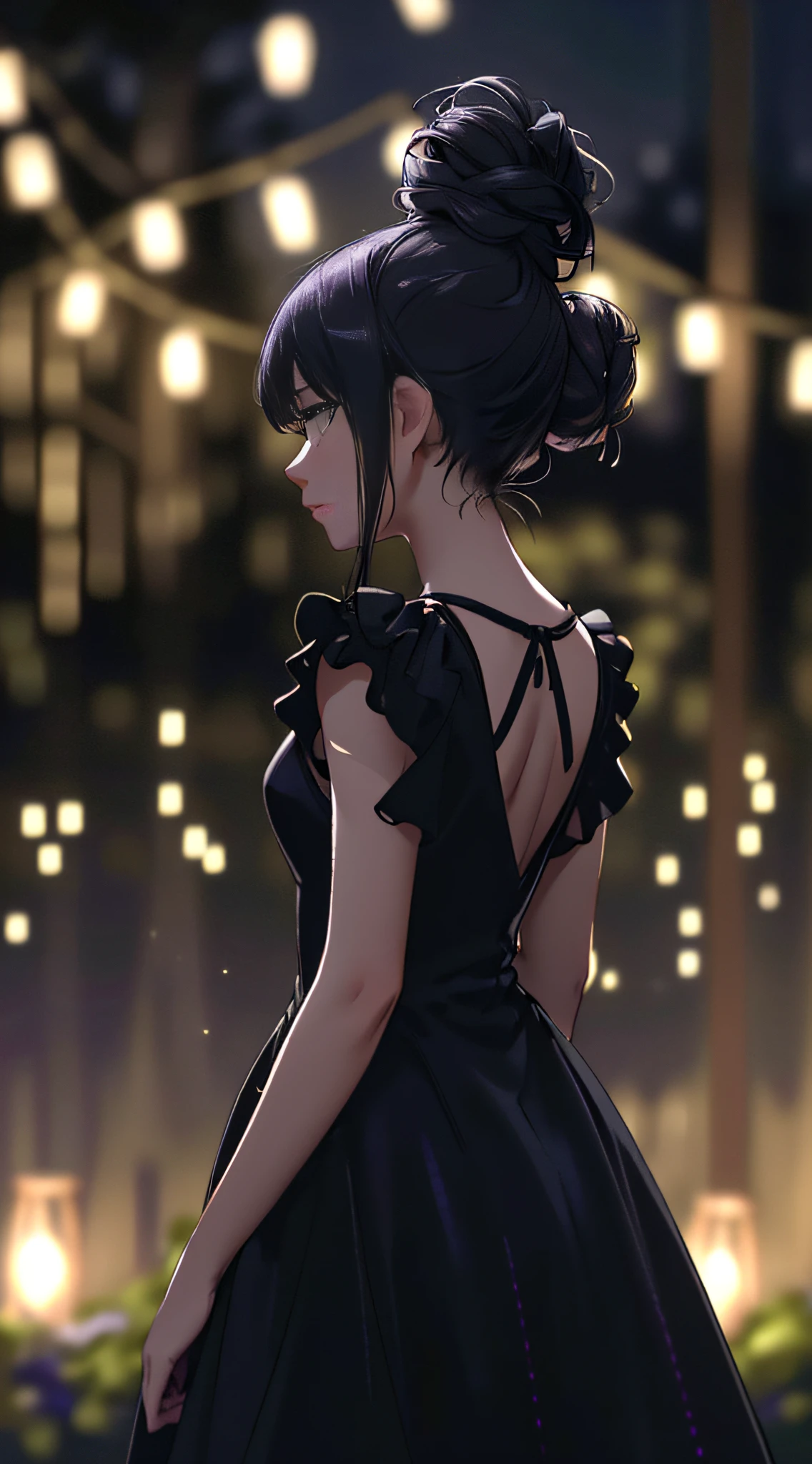 1girl, arms behind back, midnight, starry sky, colored lighting, looking at viewer, black night gown, black gown, messy bun, party, garden, black, cocktail dress, evening, lanterns, trimmed bushes, (solo focus, depth of field, ambient lighting, blurry foreground, blurry background:1.3), atmospheric, light flares, intricate details, enhanced lighting
