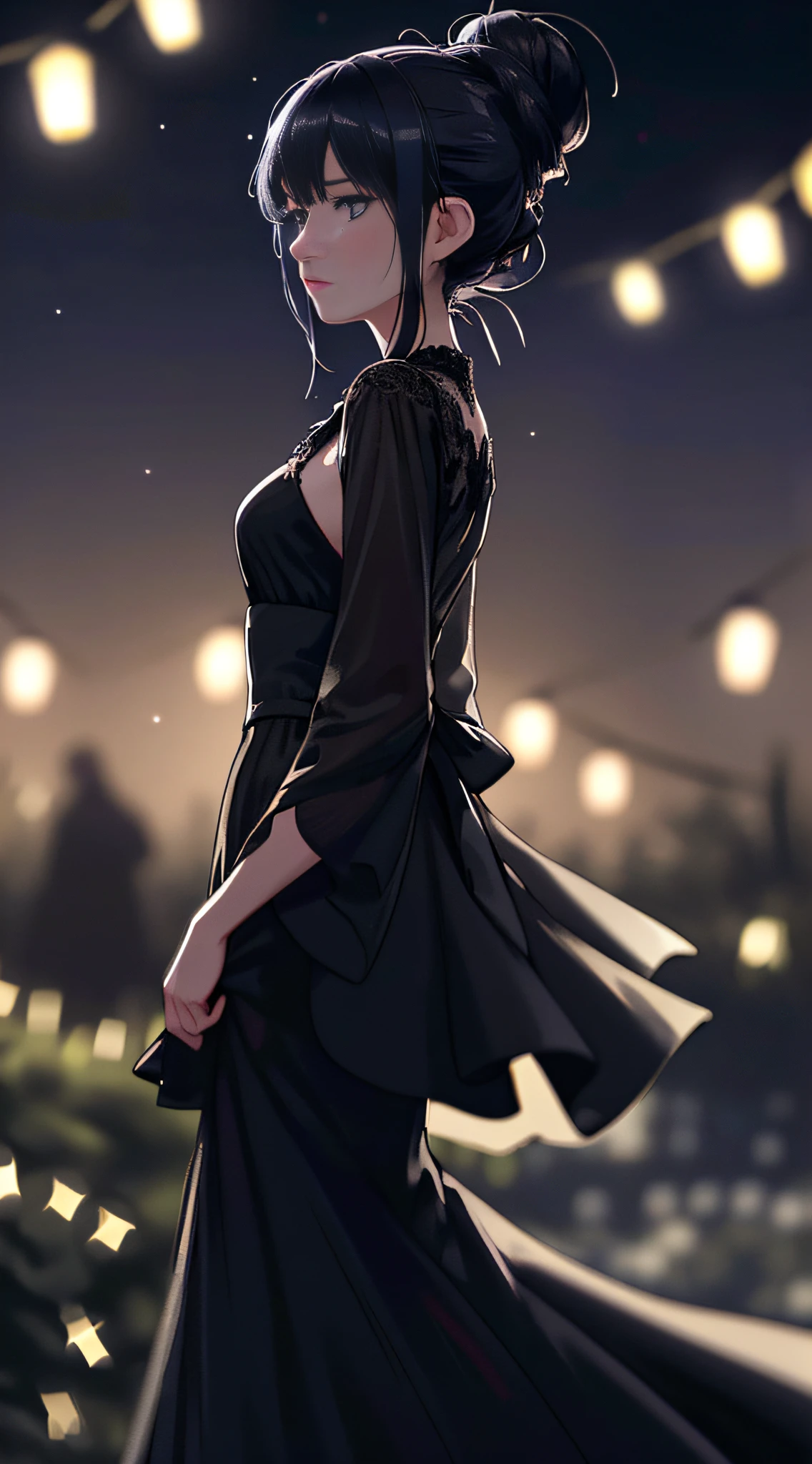 1girl, arms behind back, midnight, starry sky, colored lighting, looking at viewer, black night gown, black gown, messy bun, party, garden, black, cocktail dress, evening, lanterns, trimmed bushes, (solo focus, depth of field, ambient lighting, blurry foreground, blurry background:1.3), atmospheric, light flares, intricate details, enhanced lighting