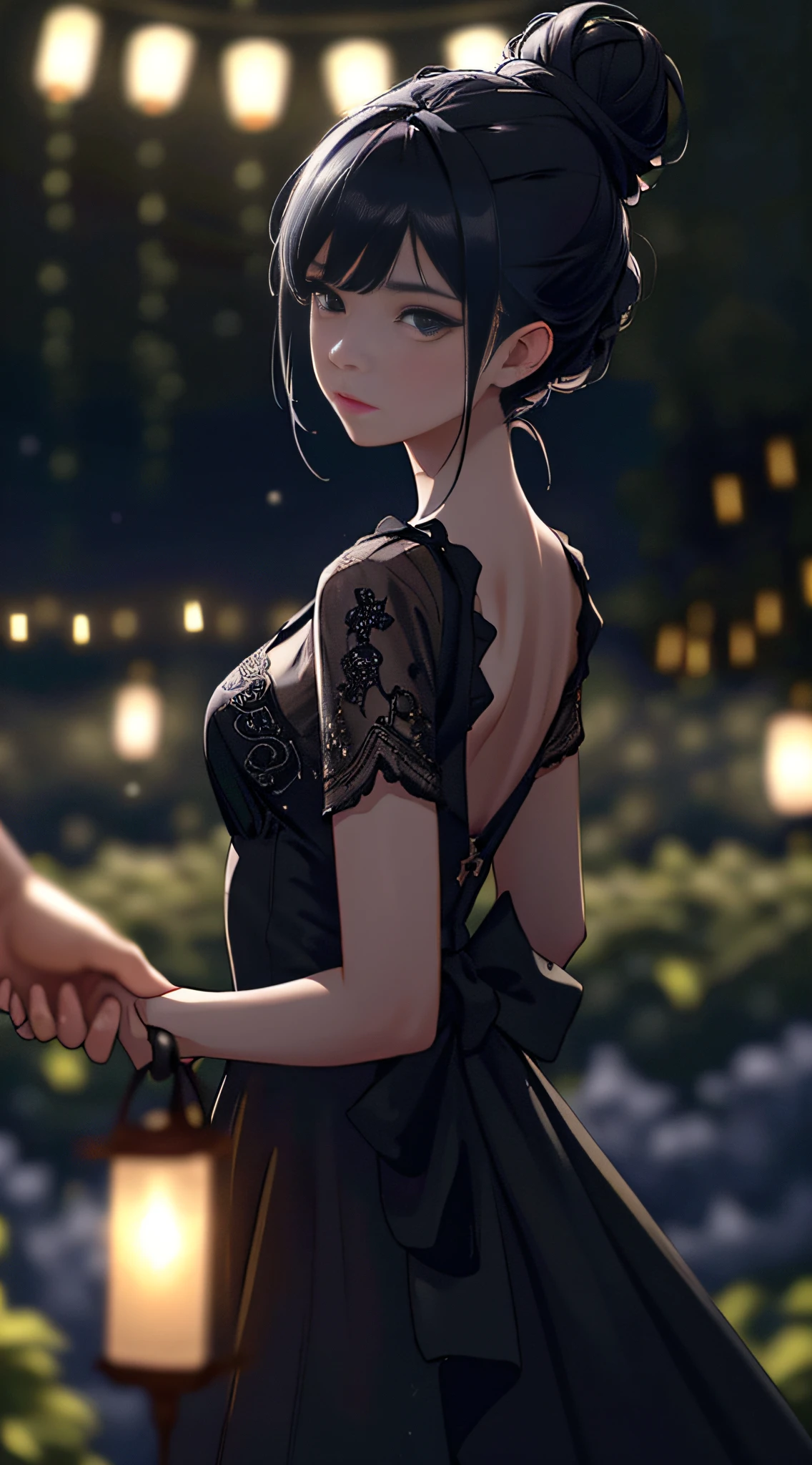 1girl, arms behind back, midnight, starry sky, colored lighting, looking at viewer, black night gown, black gown, messy bun, party, garden, black, cocktail dress, evening, lanterns, trimmed bushes, (solo focus, depth of field, ambient lighting, blurry foreground, blurry background:1.3), atmospheric, light flares, intricate details, enhanced lighting