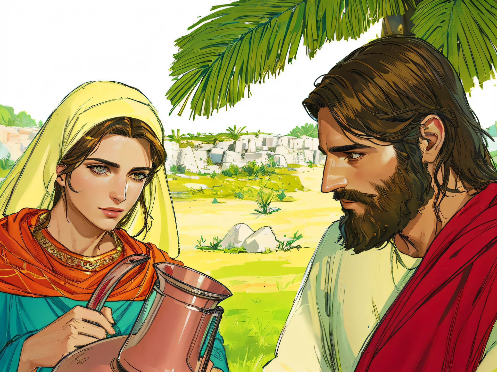 (masterpiece), (best quality), man jesus christ, handsome, a beautiful woman with a yellow tunic and a clay jug, epic biblical representation, 8k, UHD, cinematic lighting, --s2