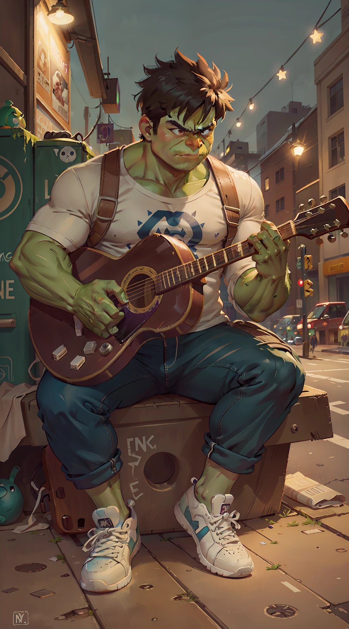 charming Hulk(Marvel) playing hollow guitar and sitting on the street platform, beautiful night light, skin detailed, fingers detailed, masterpiece, best quality, full body,white sneaker, Detailed eyes