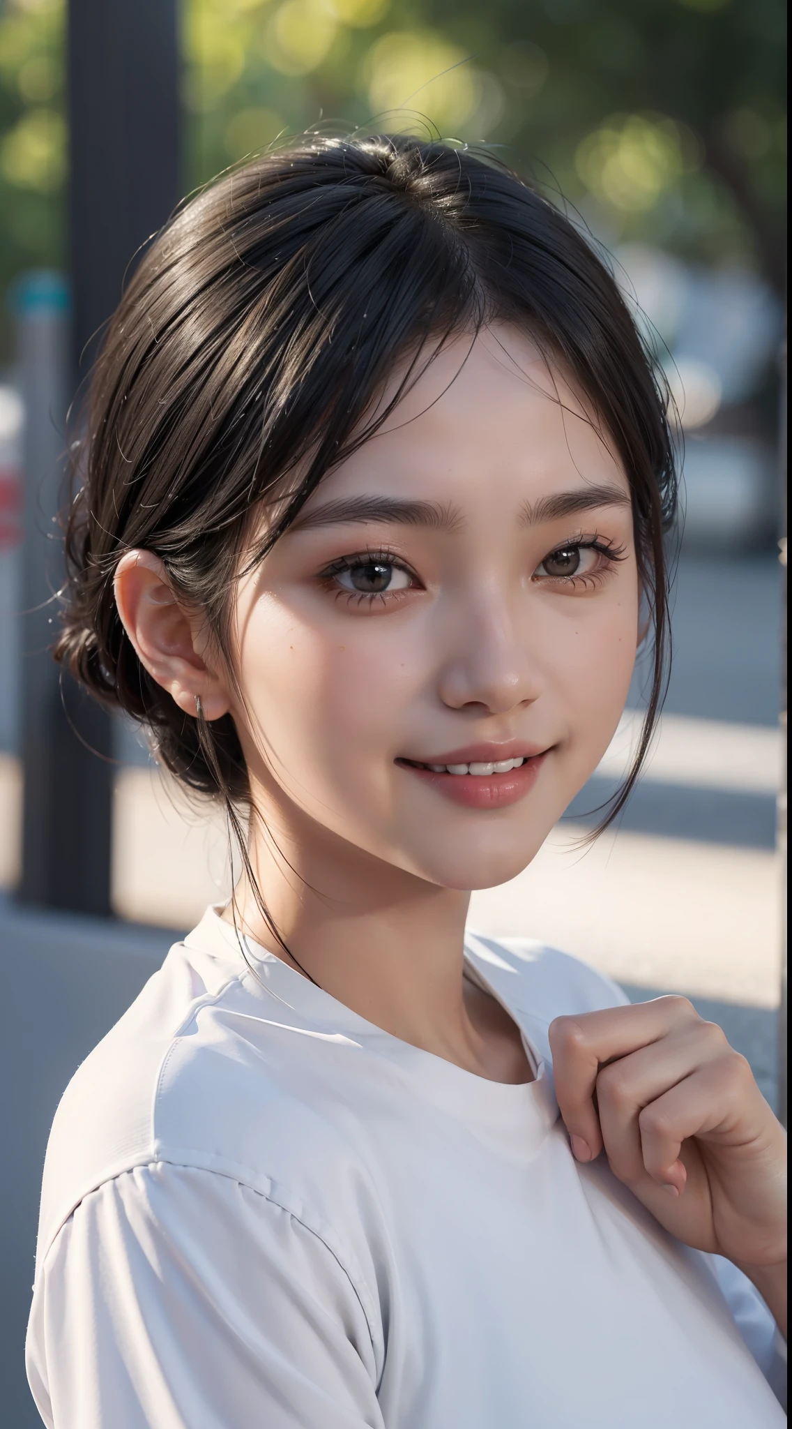 upper body, masterpiece, top quality, raw photo, photorealistic, big, face light, shiny skin, high resolution, ultra detail, detail, detailed eyes and face, sharp pupils, realistic pupils, sharp focus, shiny skin, smiling, black hair, sporty clothes, bob, rock-paper-scissors