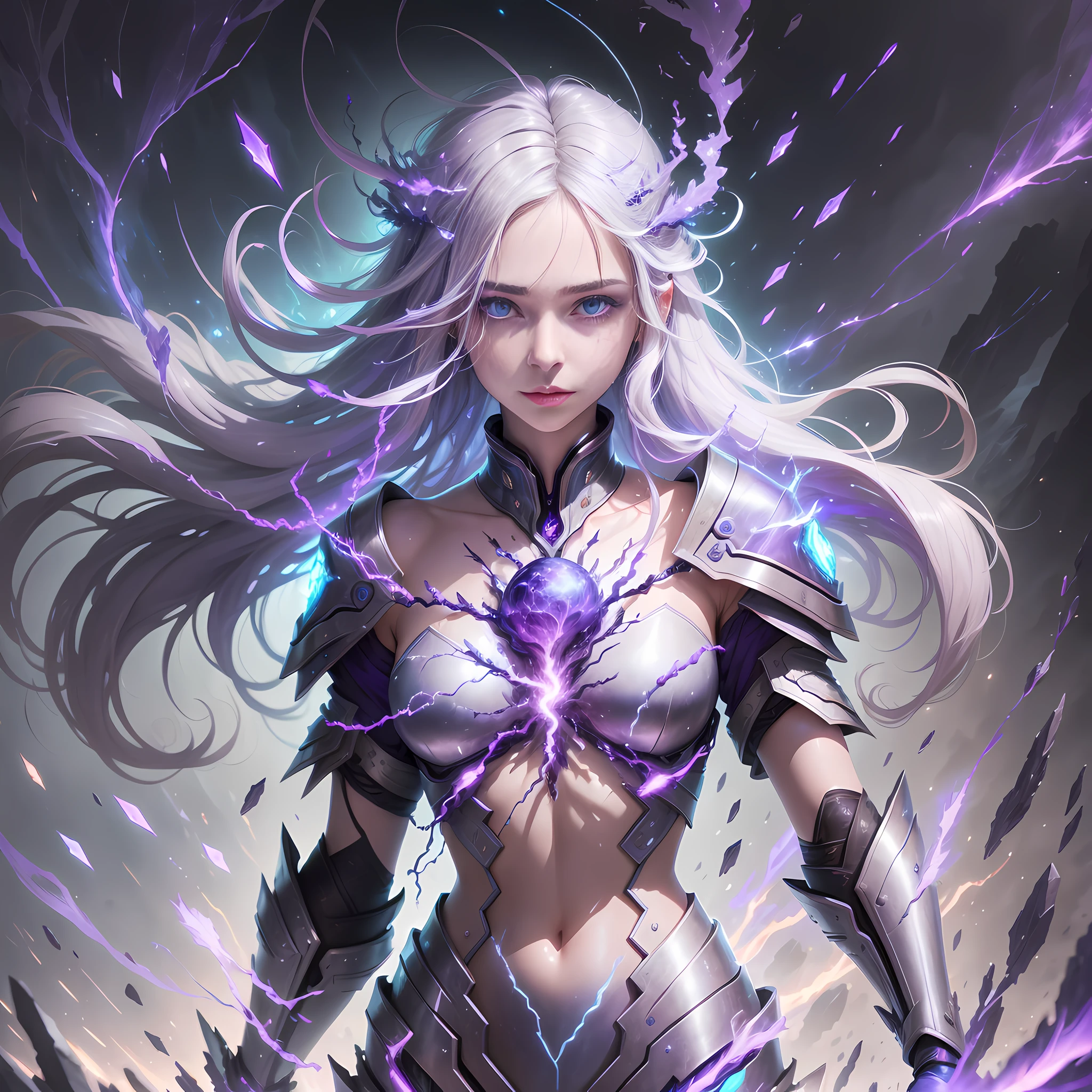 A girl, shiny silver hair, extra-long hair, delicate face, delicate eyes, icy environment, blue-purple environment, surrounded by many blue-purple lightning bolts, explosive lightning elements floating in front of the body, dreamy, mysterious, 8k, full body