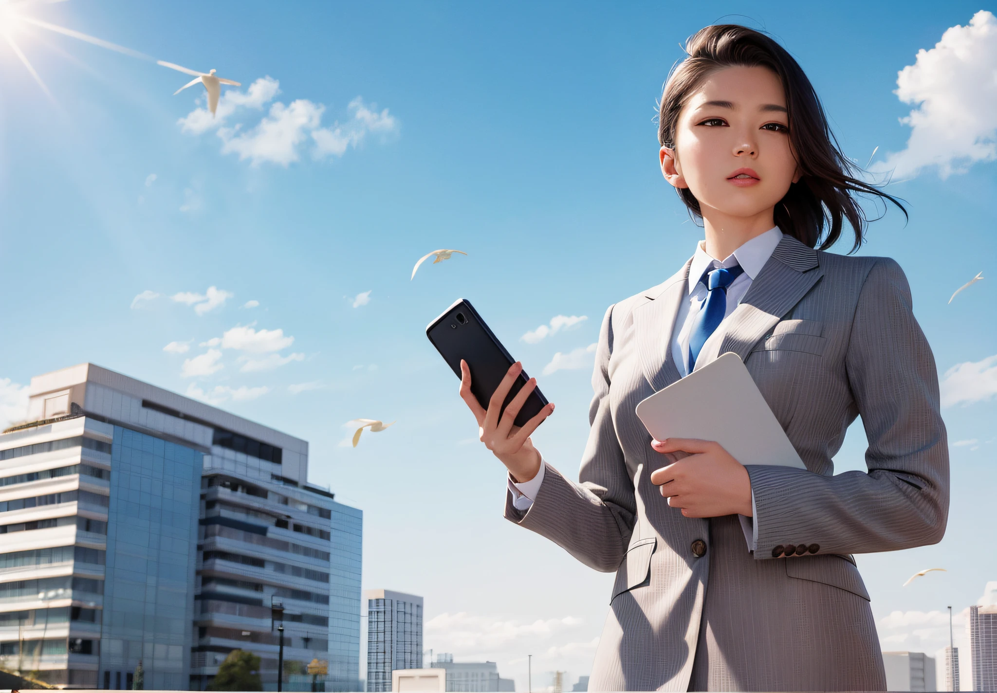 there is a woman in a suit holding a cell phone and a folder, she is holding a smartphone, beginner, young business woman, woman in business suit, ethnicity : japanese, sunny sky, on a sunny day, brilliant, inspired by Yuko Tatsushima, outdoors business portrait, photo of breeze kaze, girl in a suit, business woman, sunny day