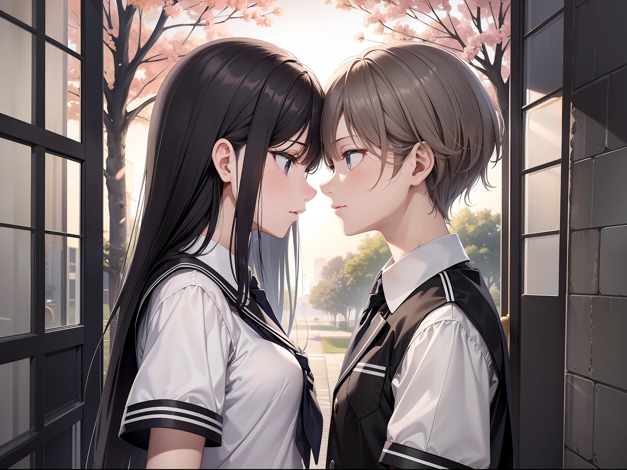 a female and a male, they are two students, wearing school uniform, lonely, one side is full of light, one side is dark, rainny, around, trees are beside the road, poddle of water reflectiing these two people, reflecting, polar opposites, symmetry, panorama, perspective, ray tracing, reflection light, depth of field, masterpiece, best quality, high details, high quality, textured skin, ccurate, UHD, HD