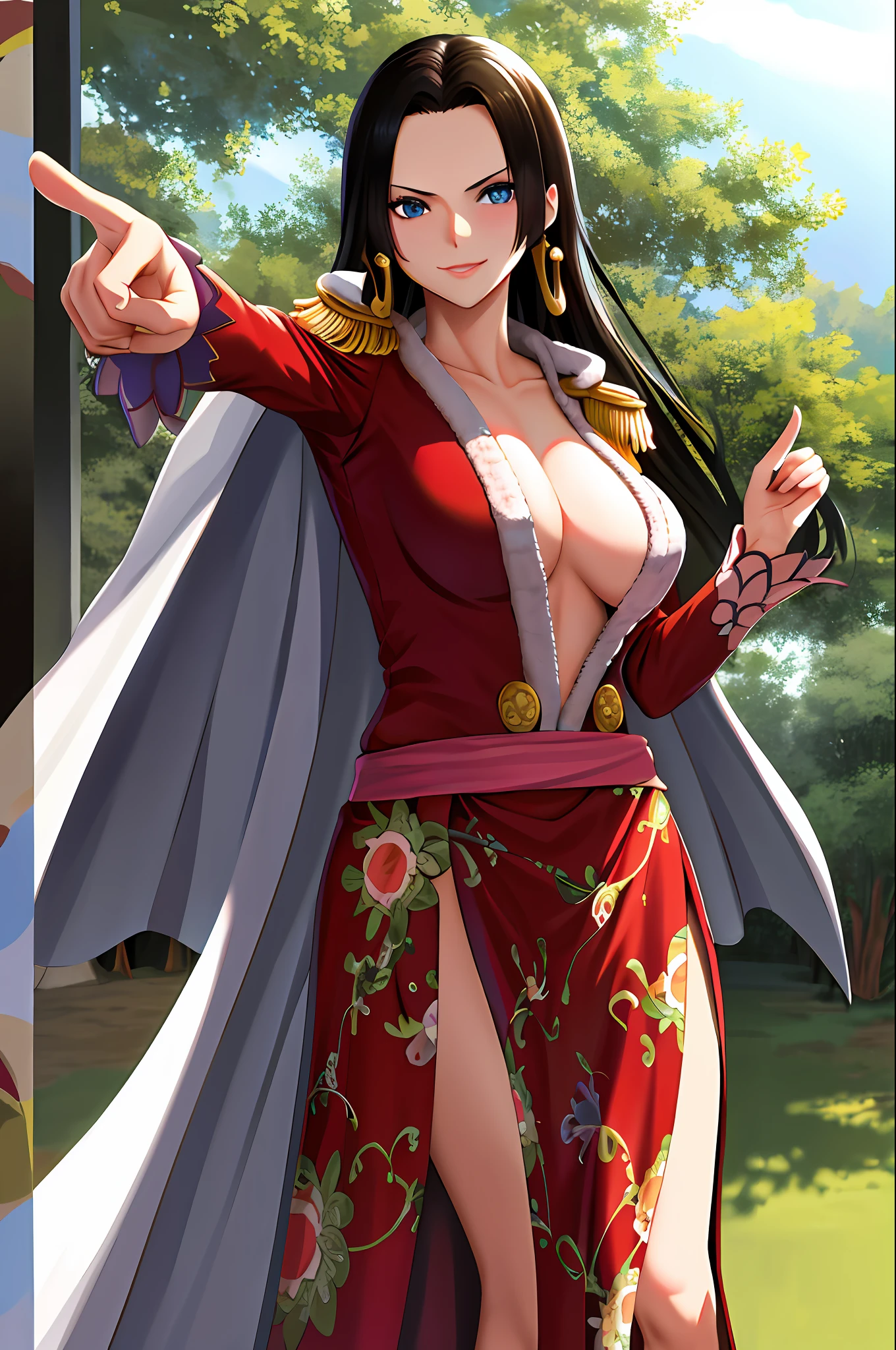 masterpiece, best quality, highres, hancock1, 1girl, boa hancock, large breasts, long hair, epaulettes, cape, side slit, cowboy shot, standing, pointing at viewer,