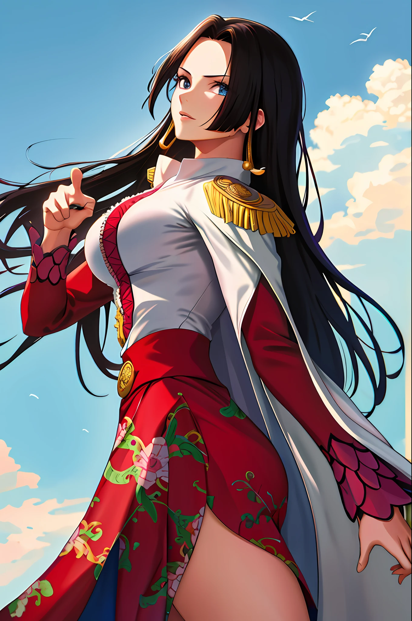 masterpiece, best quality, highres, hancock1, 1girl, boa hancock, large breasts, long hair, epaulettes, cape, side slit, cowboy shot, standing, pointing at viewer,