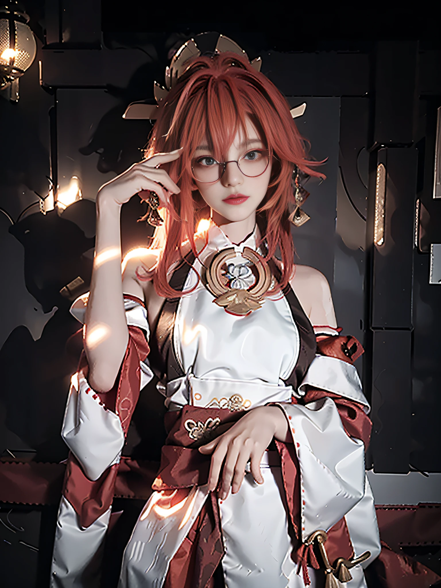 Masterpiece, 4k, super detailed, 1 girl, Yae Miko, delicate facial features, perfect face, red and white clothes, ???? body type, indoor environment, posing for photos, ????: 8, metal frame glasses, ???? appearance, busty, create a stunning realistic masterpiece with super resolution and cinematic lighting. Use original photos of 1 girl off-the-shoulder dress to show the best quality in your art.