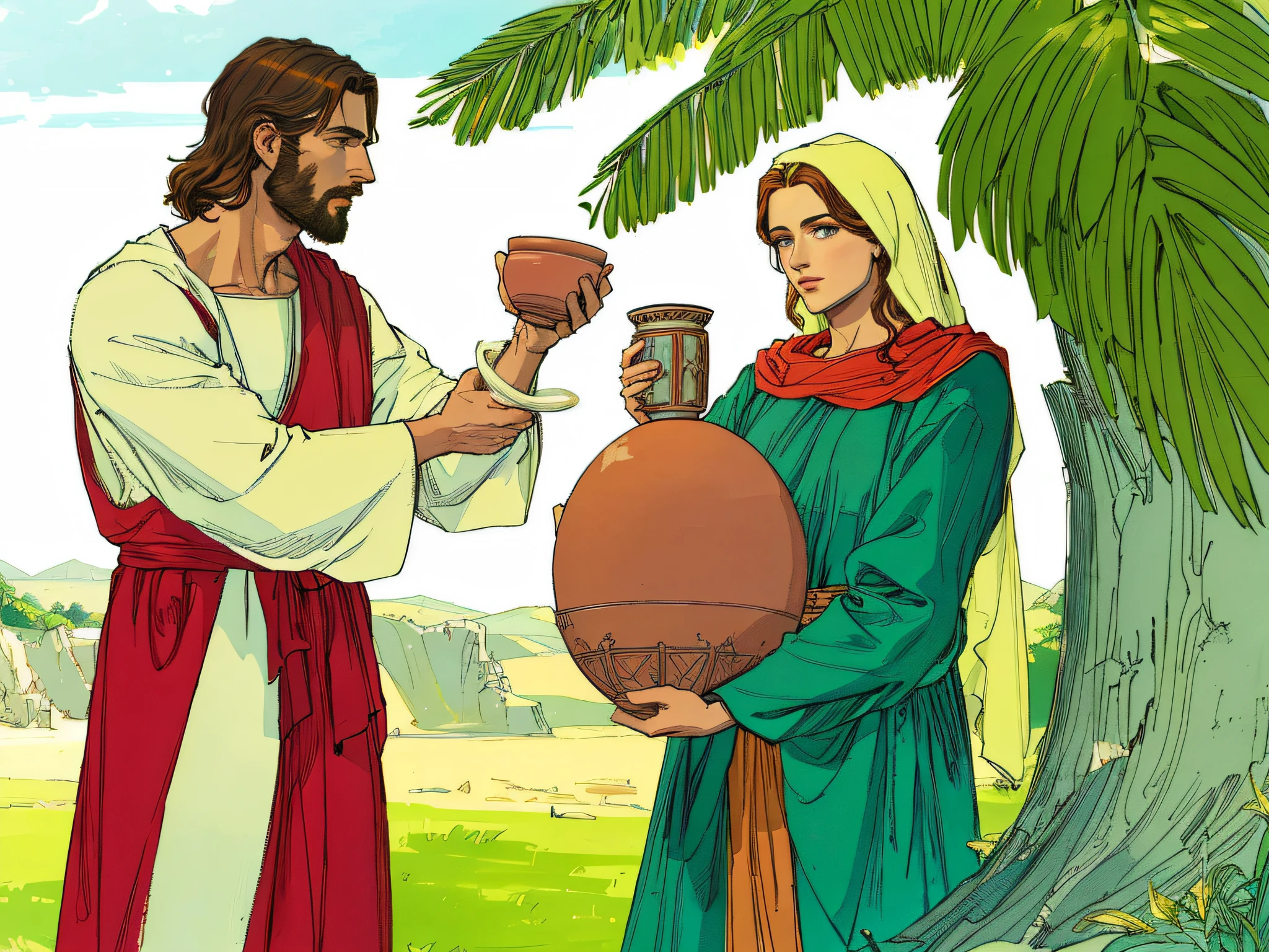 (masterpiece), (best quality), man jesus christ, handsome, with a clay bowl, a beautiful woman with a clay jar in her hands, epic biblical representation, 8k, UHD, cinematic lighting, --s2
