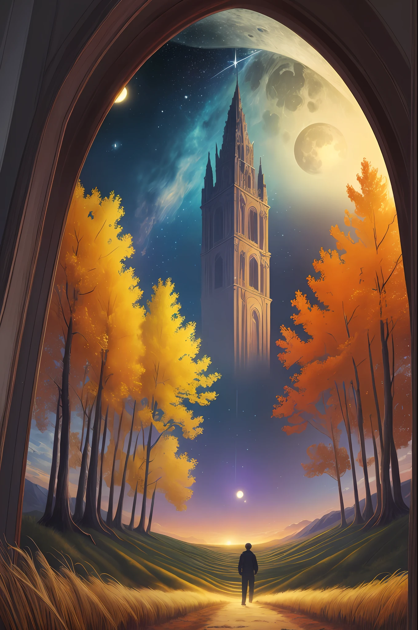 Vast landscape photos, (seen from below, sky above, open fields below), realistic, real, oversized moon background (Full Moon: 1.2), (Meteor: 0.9), (Nebula: 1.3), distant mountains, trees BREAK Making art, (warm light source: 1.2), (Firefly: 1.2), lamps, lots of purple and orange, intricate details, volumetric lighting, realism BREAK (Masterpiece: 1.2), (Best Quality), 4K, Ultra-Detailed, (Dynamic Composition: 1.4), Very Detailed, Rich in Detail, (Iridescent Color: 1.2), (Glow, Atmospheric Illumination), Dreamy, Magical, (Solo: 1.2),, paper_cut, Fantasy, Simple Background, No Man, Starry Sky, Vincent van Gogh \ (Style\), Trees, Village, Wheat Field,