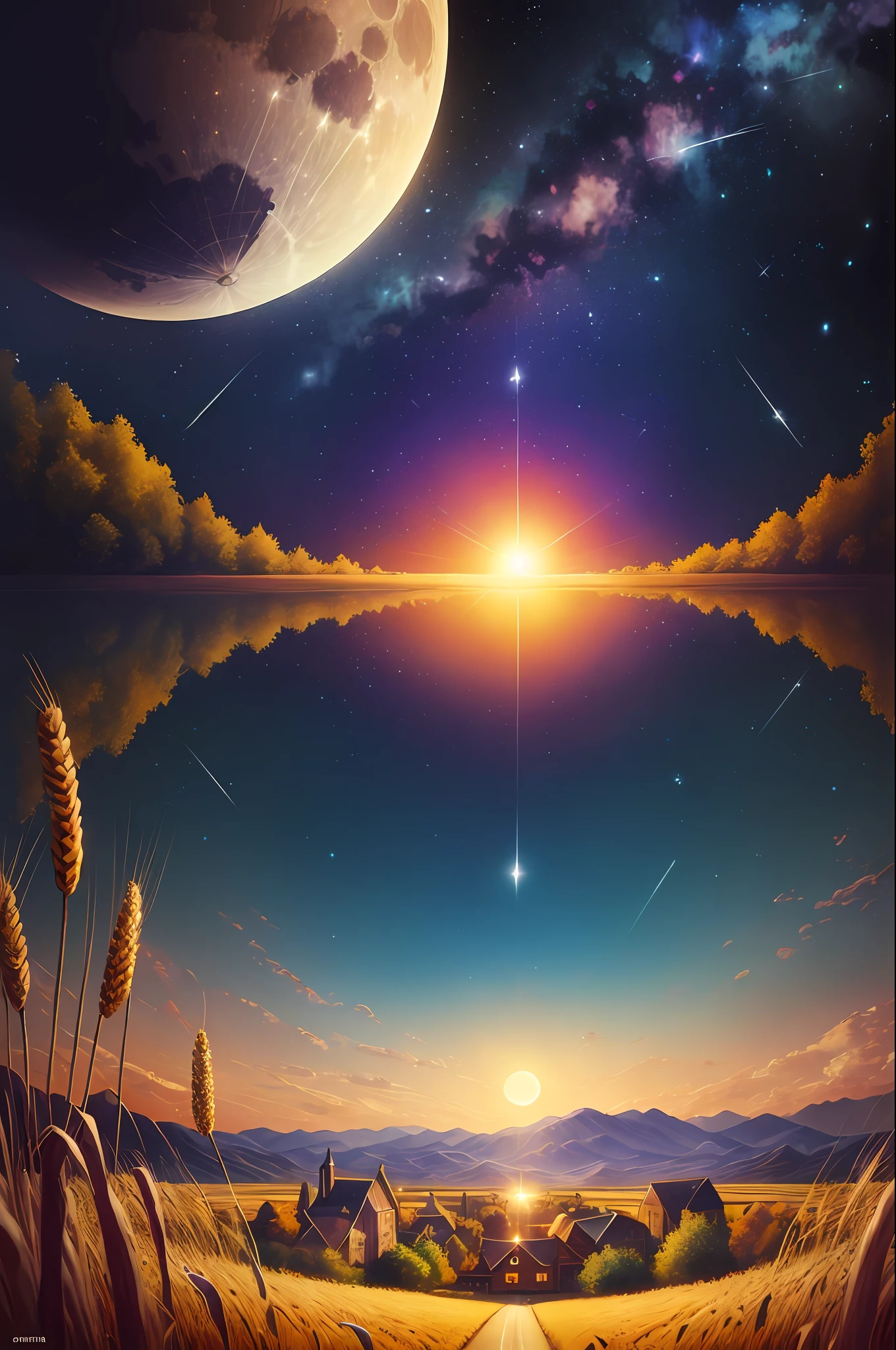 Vast landscape photos, (seen from below, sky above, open fields below), realistic, real, oversized moon background (Full Moon: 1.2), (Meteor: 0.9), (Nebula: 1.3), distant mountains, trees BREAK Making art, (warm light source: 1.2), (Firefly: 1.2), lamps, lots of purple and orange, intricate details, volumetric lighting, realism BREAK (Masterpiece: 1.2), (Best Quality), 4K, Ultra-Detailed, (Dynamic Composition: 1.4), Very Detailed, Rich in Detail, (Iridescent Color: 1.2), (Glow, Atmospheric Illumination), Dreamy, Magical, (Solo: 1.2),, paper_cut, Fantasy, Simple Background, No Man, Starry Sky, Vincent van Gogh \ (Style\), Trees, Village, Wheat Field,