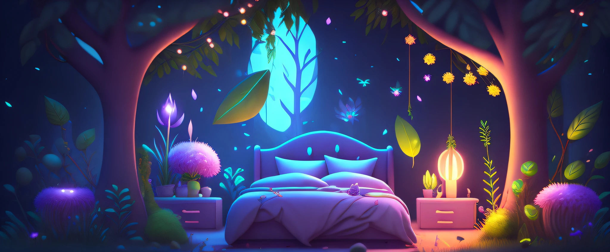 room with bed, cartoon style, magic night, flowers and plants, magic elements, mobile game, forest and plants, a touch of magical elements, night, fireflies and bright particle effects, super detailed