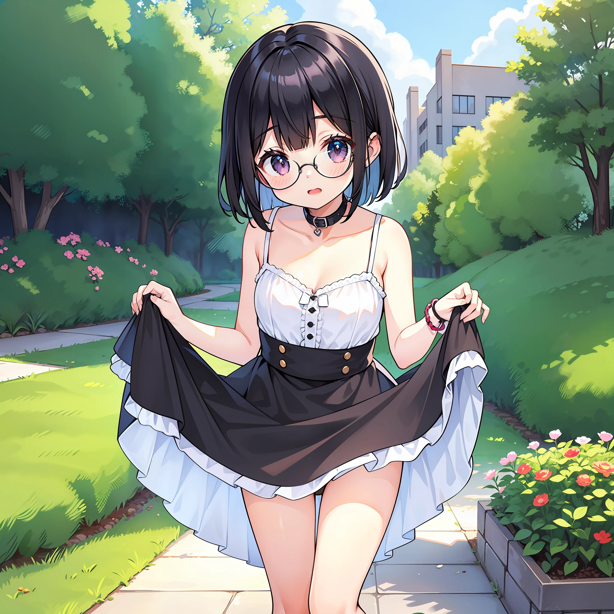  high school girl, park, one girl, sleeveless dress, small breasts, short hair, black hair, glasses, collar, standing up skirt and panty shot