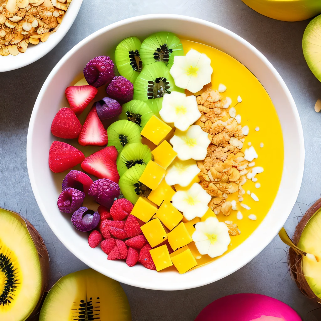 A vibrant and colorful tropical smoothie bowl with ripe mango, juicy pineapple, and tangy kiwi, topped with crunchy granola and shredded coconut. The smoothie is thick and creamy, with a refreshing sweetness and a hint of tartness.
Modifiers: Bold, vibrant, rich, aromatic, spicy, savory, tangy, sweet, fresh, crunchy, chewy, melt-in-your-mouth, zesty, succulent.
The image should be captured in high resolution to showcase the vibrant colors and intricate details of the dish. The lighting should be soft and natural to highlight the textures and flavors of the food.