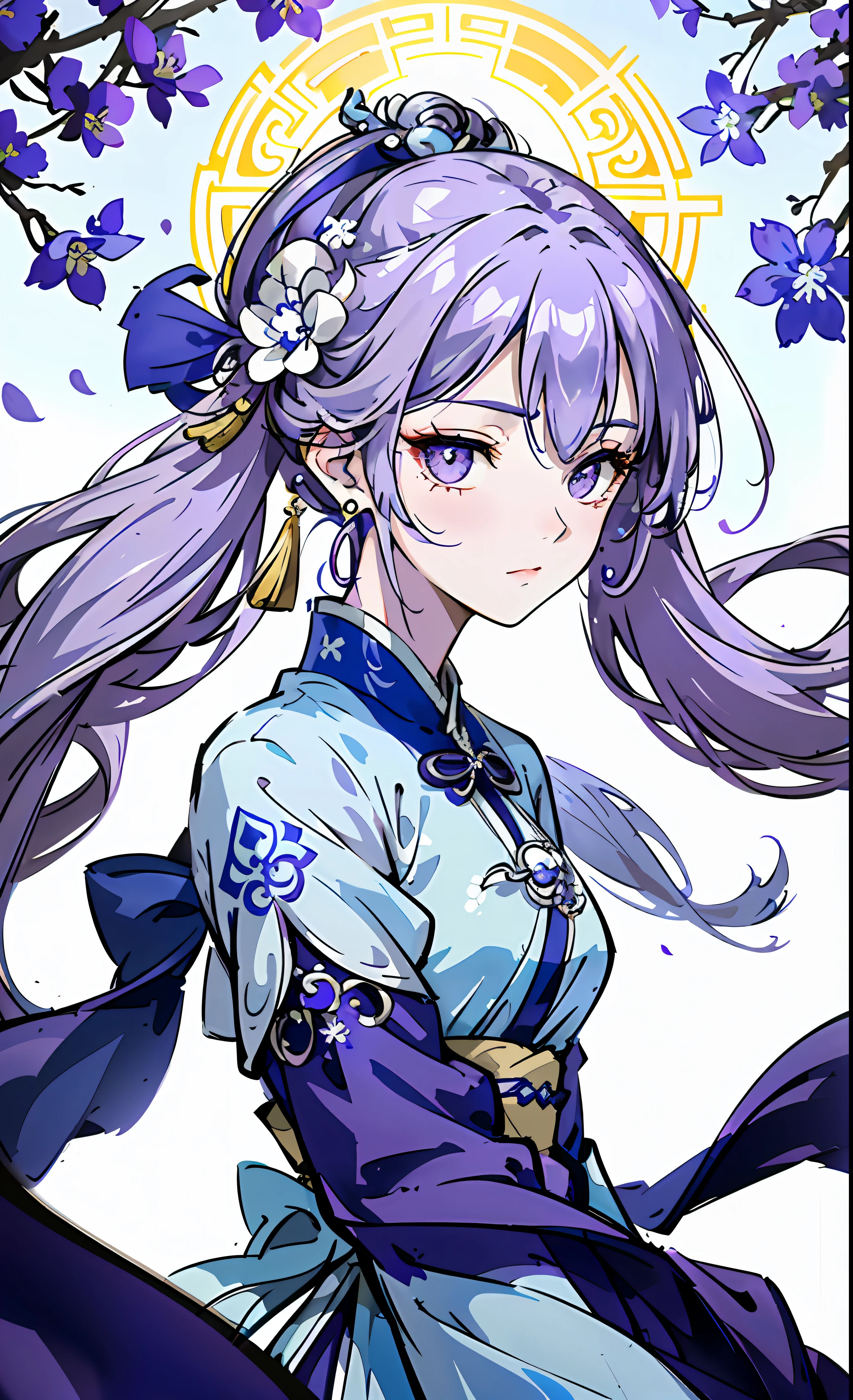 Mature girl, purple eyes, blue-white hair color, floating hair, delicate and flexible eyes, intricate damask hanfu, gorgeous accessories, wearing pearl earrings, fov, f/1.8, masterpiece, ancient Chinese architecture, blue sky, flower petals flying, front portrait shot, Chang'e, side lighting, sunlight on people, 8K