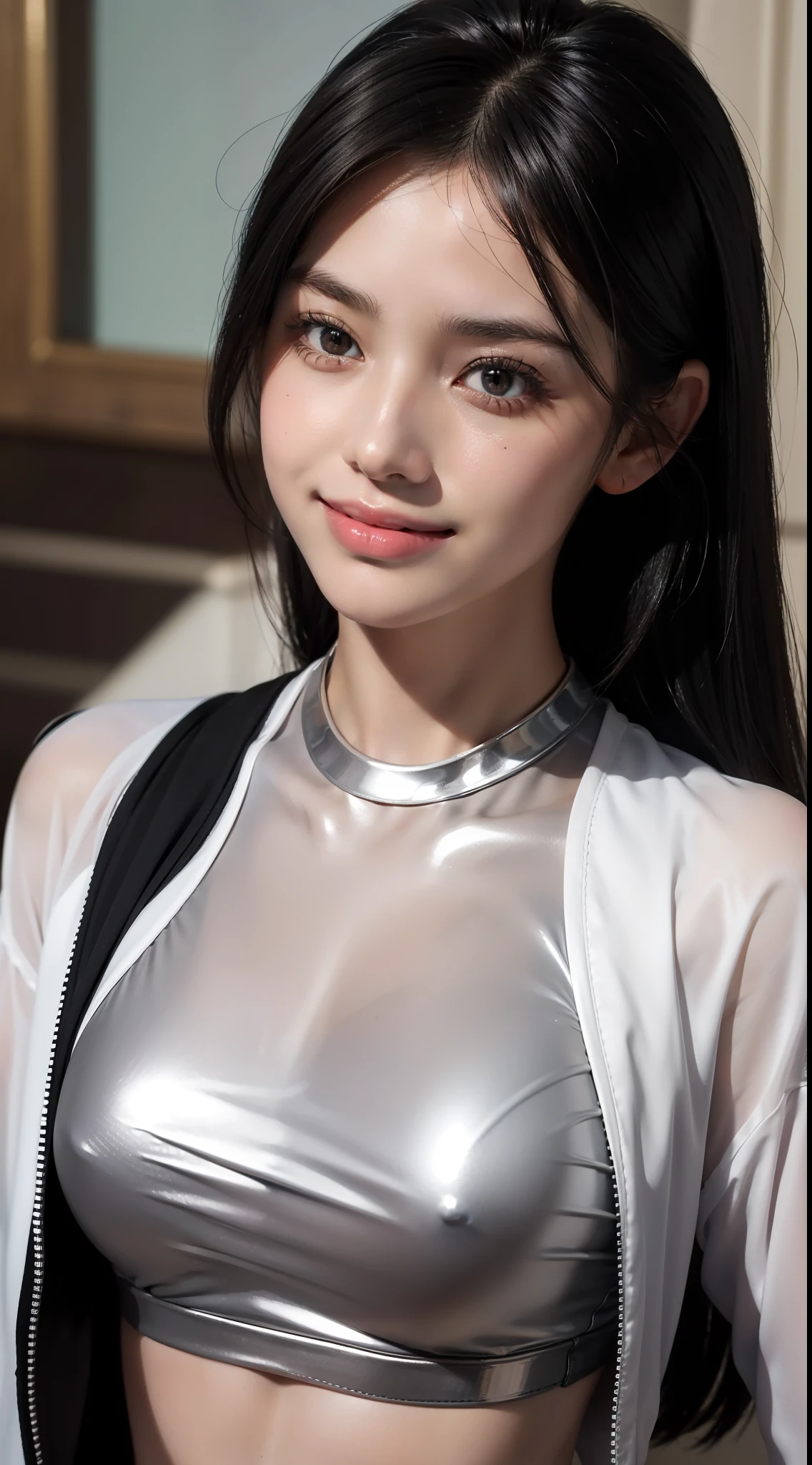 upper body, masterpiece, top quality, raw photo, photorealistic, big, face light, shiny skin, high resolution, ultra detail, detail, detailed eyes and face, sharp pupils, realistic pupils, sharp focus, shiny skin, smiling, black hair, sporty clothes, bob, rock-paper-scissors